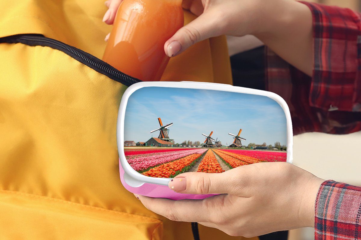 MuchoWow Lunchbox Tulpen Brotdose Niederlande, - Brotbox für Kinder, Kunststoff, Windmühle Mädchen, Erwachsene, - Snackbox, Kunststoff (2-tlg), rosa