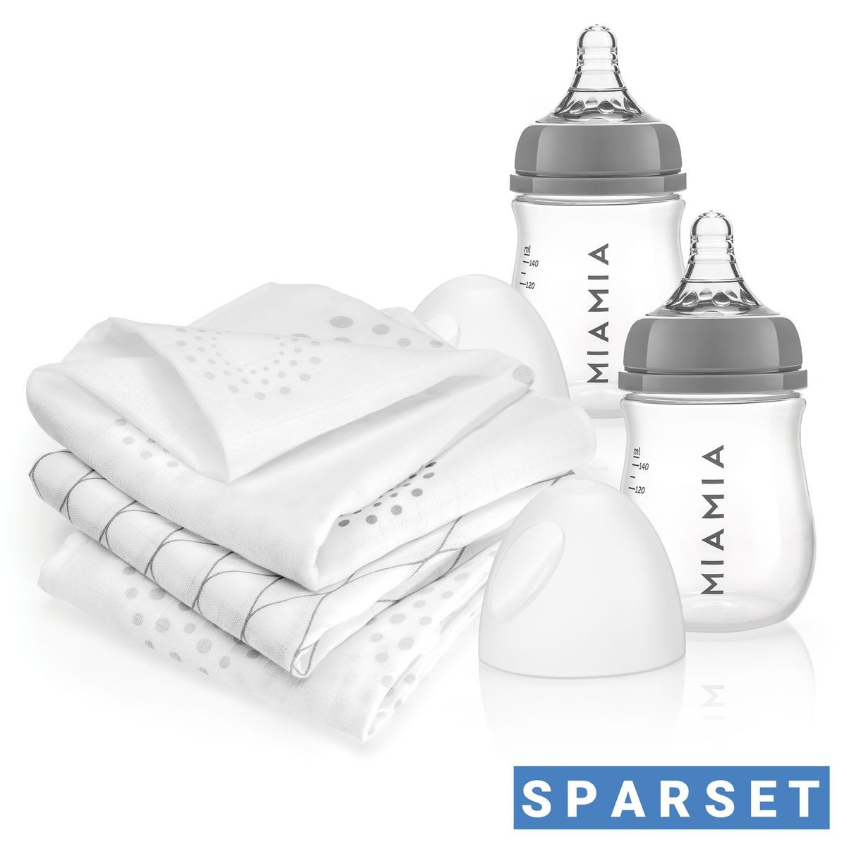 MiaMia Babyflasche 5-tlg. PP-Flaschen-Set, Baby Flaschen Set 140 ml mit Silikon-Trinksauger Größe S & Spucktücher