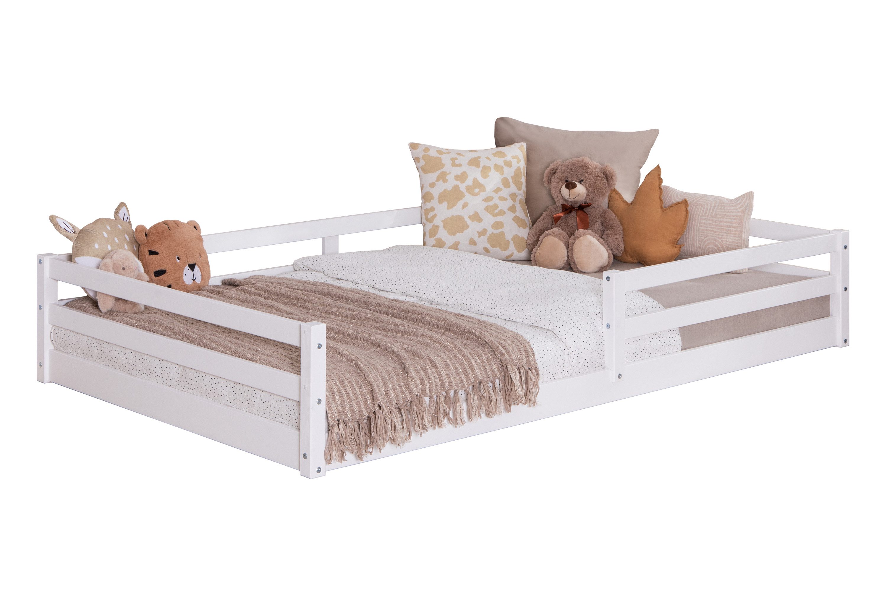 Ticaa Kinderbett Neo Hausbett Bodenbett mit Rausfallschutz 150kg (120x200 aus Kiefer Massivholz), inkl. stabilem Roll-Lattenrost, Weiß