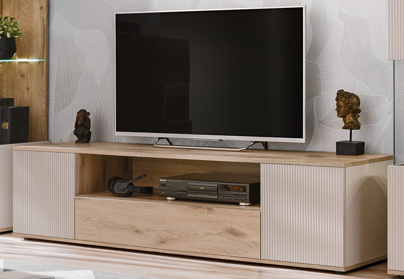 Inn.Furn Lowboard Cathlyn (Flat-TV Unterschrank in Eiche und Kaschmir, 160 x 42 cm), mit Push-To-Open-Funktion