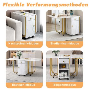 HAUSS SPLOE Esstisch Klappbarer mit Aufschrank, 2 Schubladen, Riemenscheibe, Weiß/Golden