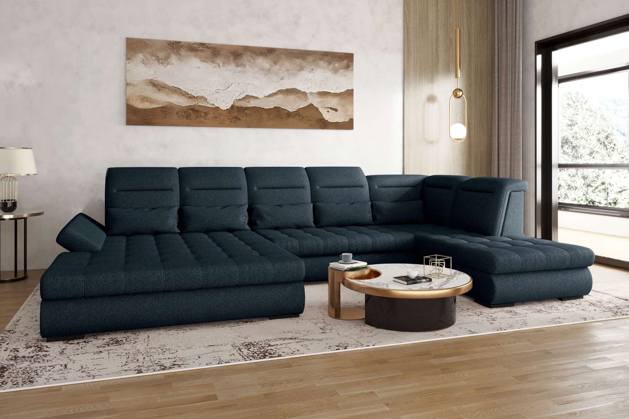 99rooms Wohnlandschaft Toscana, Sofa, U-Form, Bettfunktion, Rundumbezug aus gepolstertem Velours VOGUE