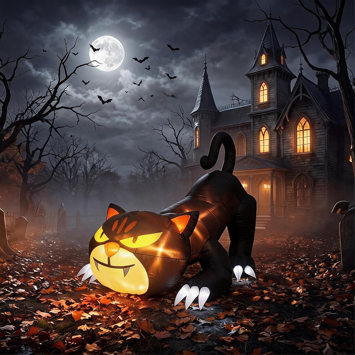 GarveeMore LED-Dekofigur 180 cm Aufblasbarer Halloween-Kater mit LED-Beleuchtung, 180 cm, aufblasbar, Halloween-Kater, LED, wetterbeständig, Garten
