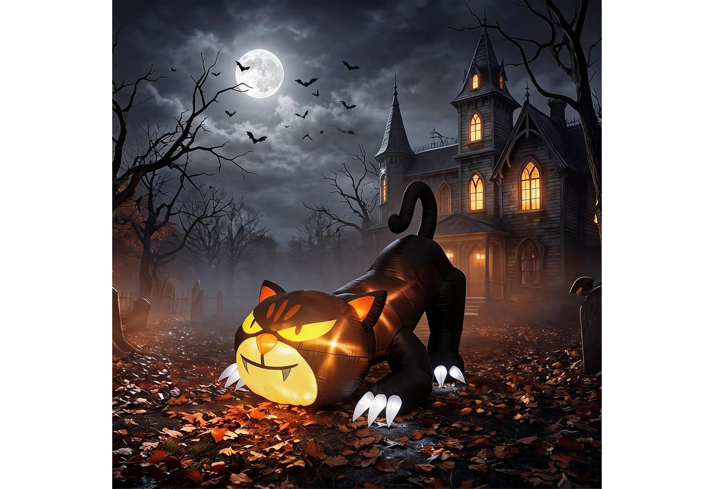 GarveeMore LED-Dekofigur 180 cm Aufblasbarer Halloween-Kater mit LED-Beleuchtung, 180 cm, aufblasbar, Halloween-Kater, LED, wetterbeständig, Garten