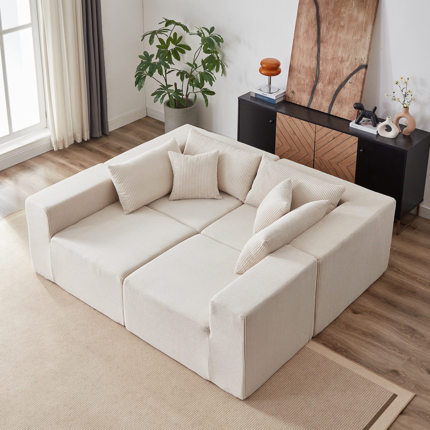 ANYSUN Ecksofa Modulares Ecksofa, L-förmiges Cord-Sofa,Schlafsofa, luxuriöses Boden-Sofa-Set, gepolsterte Innenmöbel, Kompressionssofa, für Wohn- und Schlafzimmer, 4-teilig, frei kombinierbar