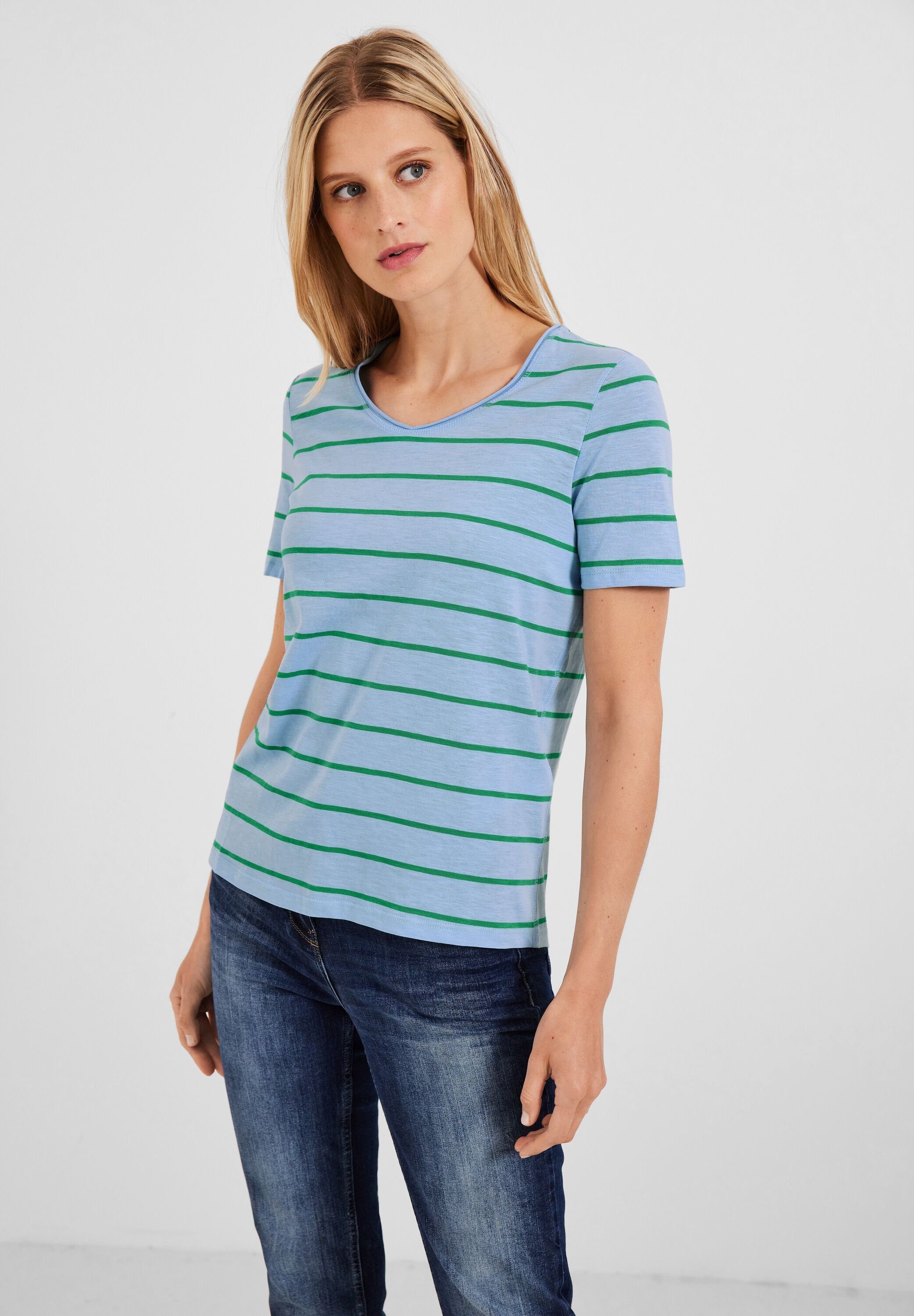 Cecil T-Shirt mit abgerundetem V-Ausschnitt tranquil blue und fresh green | V-Shirts