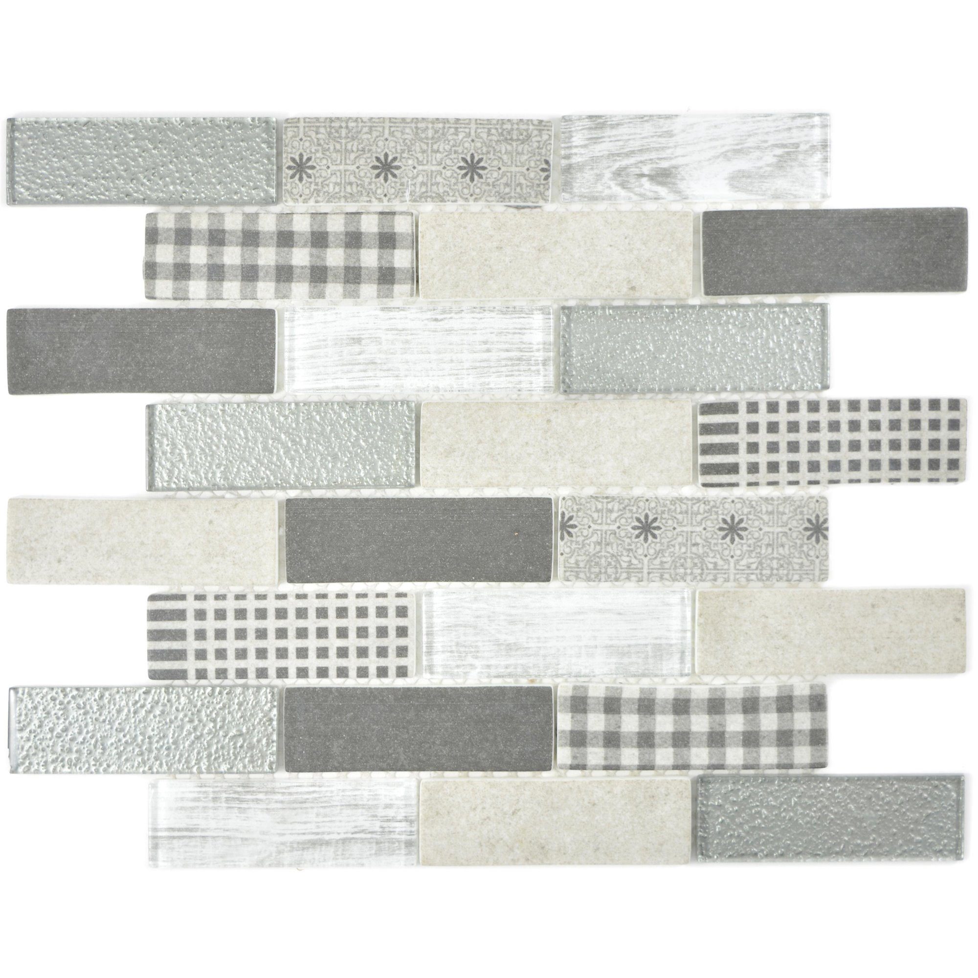 Mosafil Mosaikfliesen Glasmosaik Fliesen Lunatic Brick, Glas 30.000x29.700, grau, Eco Glas - Verlegefertig auf ein Netz geklebt - Frostsicher -