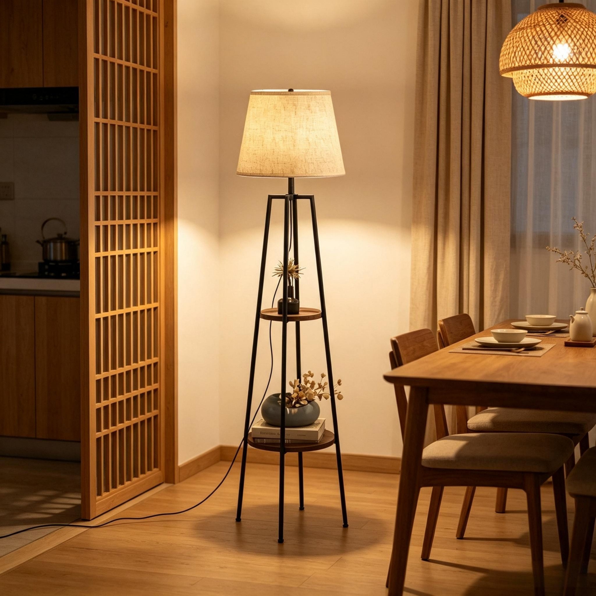 Blossom LED Stehlampe Stehleuchte mit Ablageflächen Dreibein-Gestell, 166 cm hohe, 2 Ablagen, Stoff-Lampenschirm, E27, moderne Wohnzimmerlampe