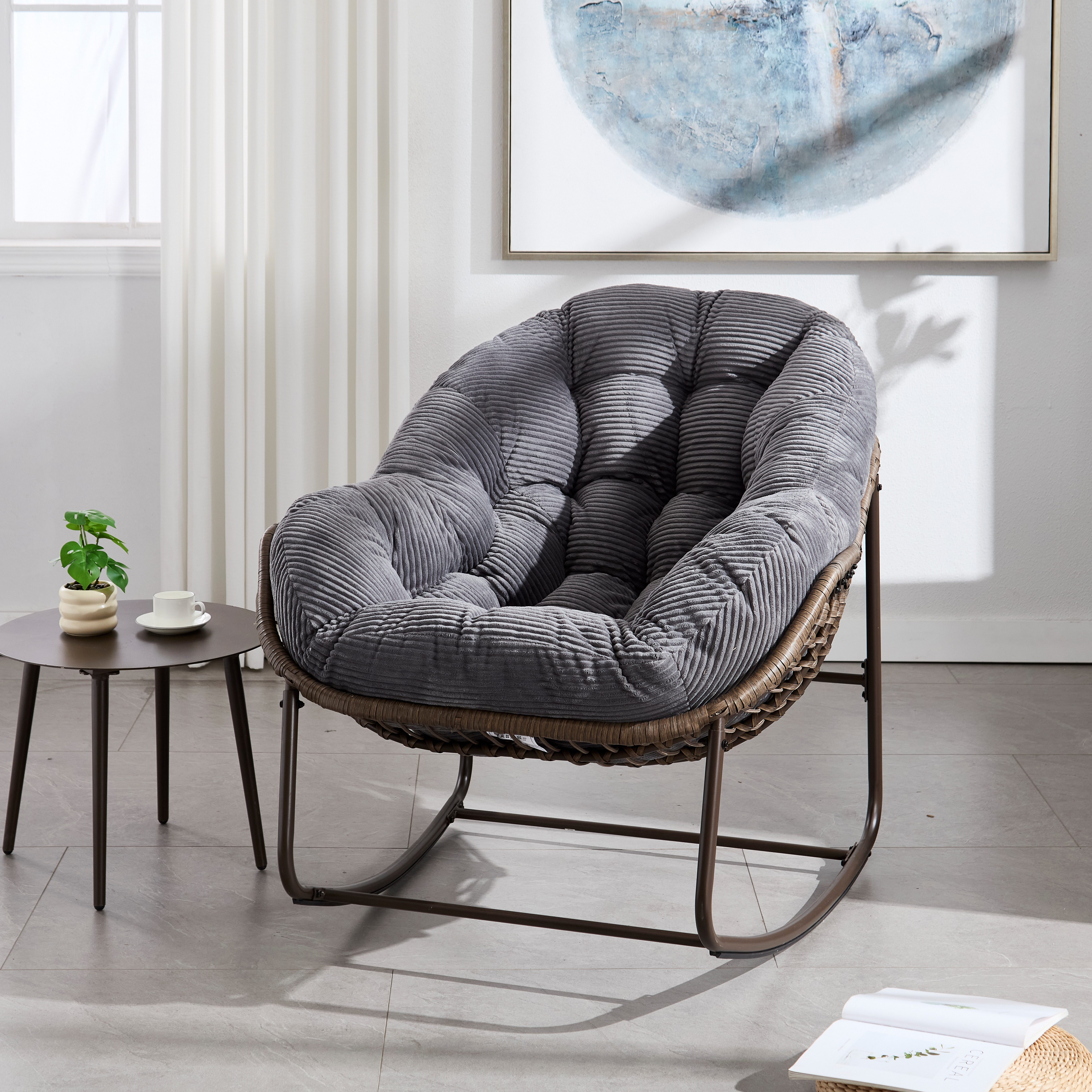 i@home Schaukelsessel 78×106×90 cm ergonomische Kurvenform (für Terrasse, Veranda & Wohnzimmer, 1-St., handgefertigtes Rattan), gemütlicher Rattan Schaukelstühle Outdoor mit Polster, Ei-Form