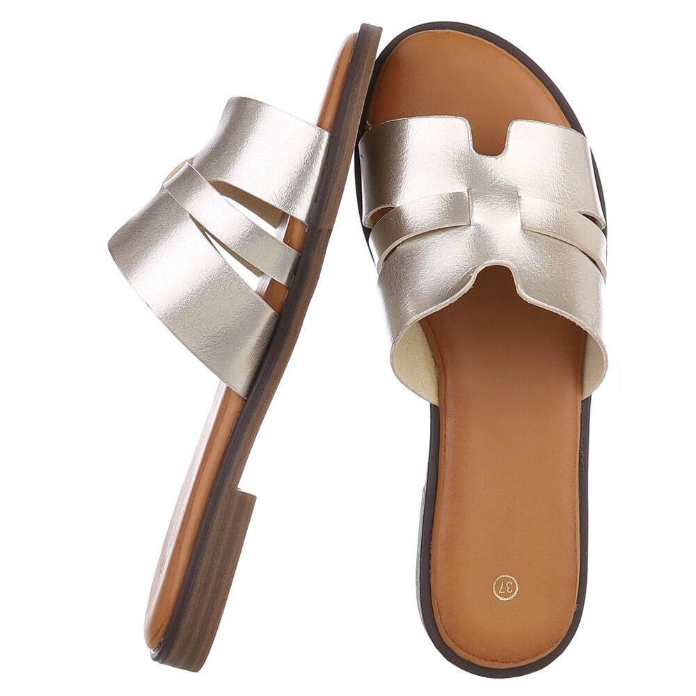 Ital-Design Komfortable Damensandalen mit gekreuzten Riemen für Freizeit Pantolette (91409267) Blockabsatz Pantoletten in Gold
