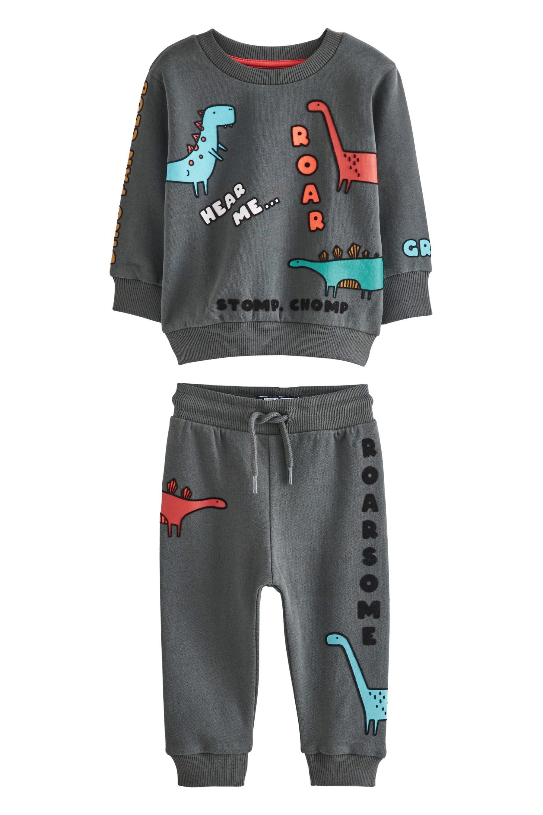 Next Sweatanzug Sweatshirt + Jogginghose mit durchgehendem Print (2-tlg) Charcoal Grey Dino