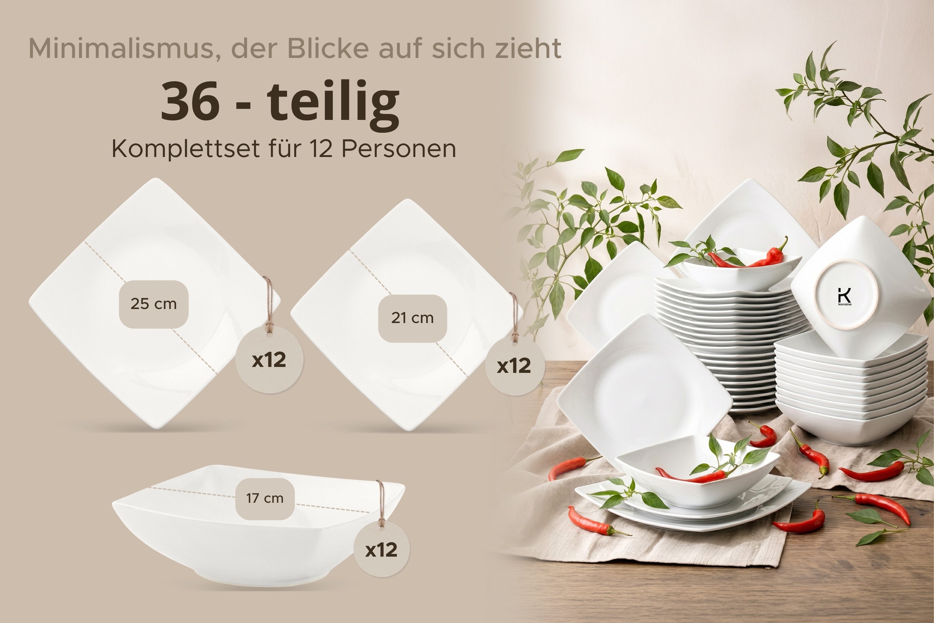 KONSIMO® Kombiservice EPIRI Geschirrset 36-tlg, für 12 Personen, EU-Ware, Steinzeug (36-tlg), 12 Personen, Keramik, quadratisch, Spülmaschinenfest Mikrowellenfe – Bild 5 von 5