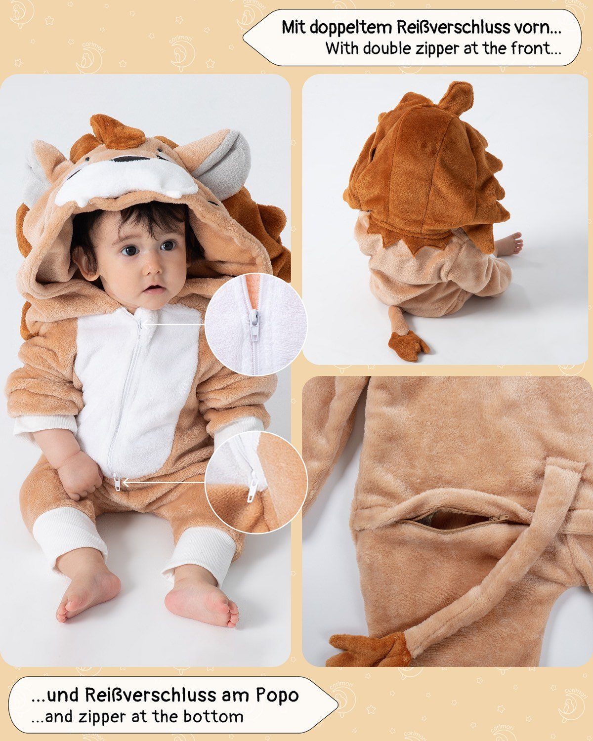 Corimori Strampler Flauschiges Löwen-Kostüm für Babies, Neugeborene,  Karneval Fasching (1-tlg) Strampler, Fasching, Kigurumi, Tierkostüme, Babys, Löwe "Oliver"