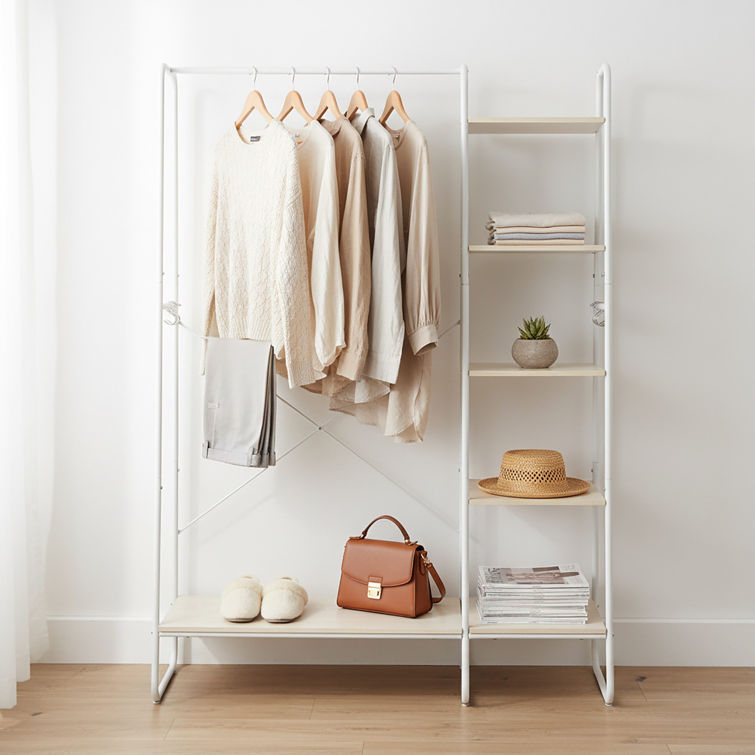 relaxdays Kleiderständer mit Schuhablage, Holzoptik-Weiß