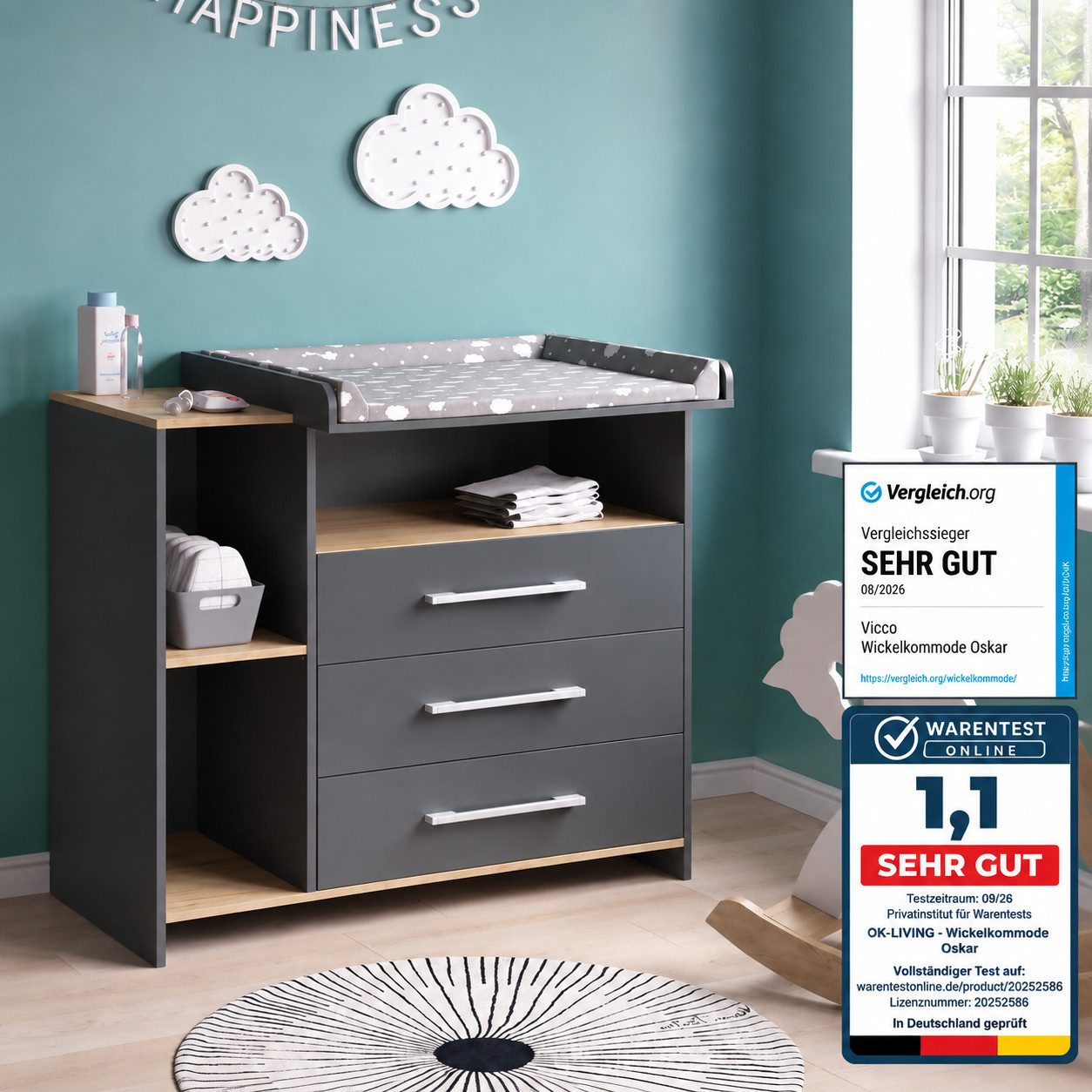 Vicco Wickelkommode Oskar, Goldkraft Eiche/Anthrazit, 113 x 100 cm