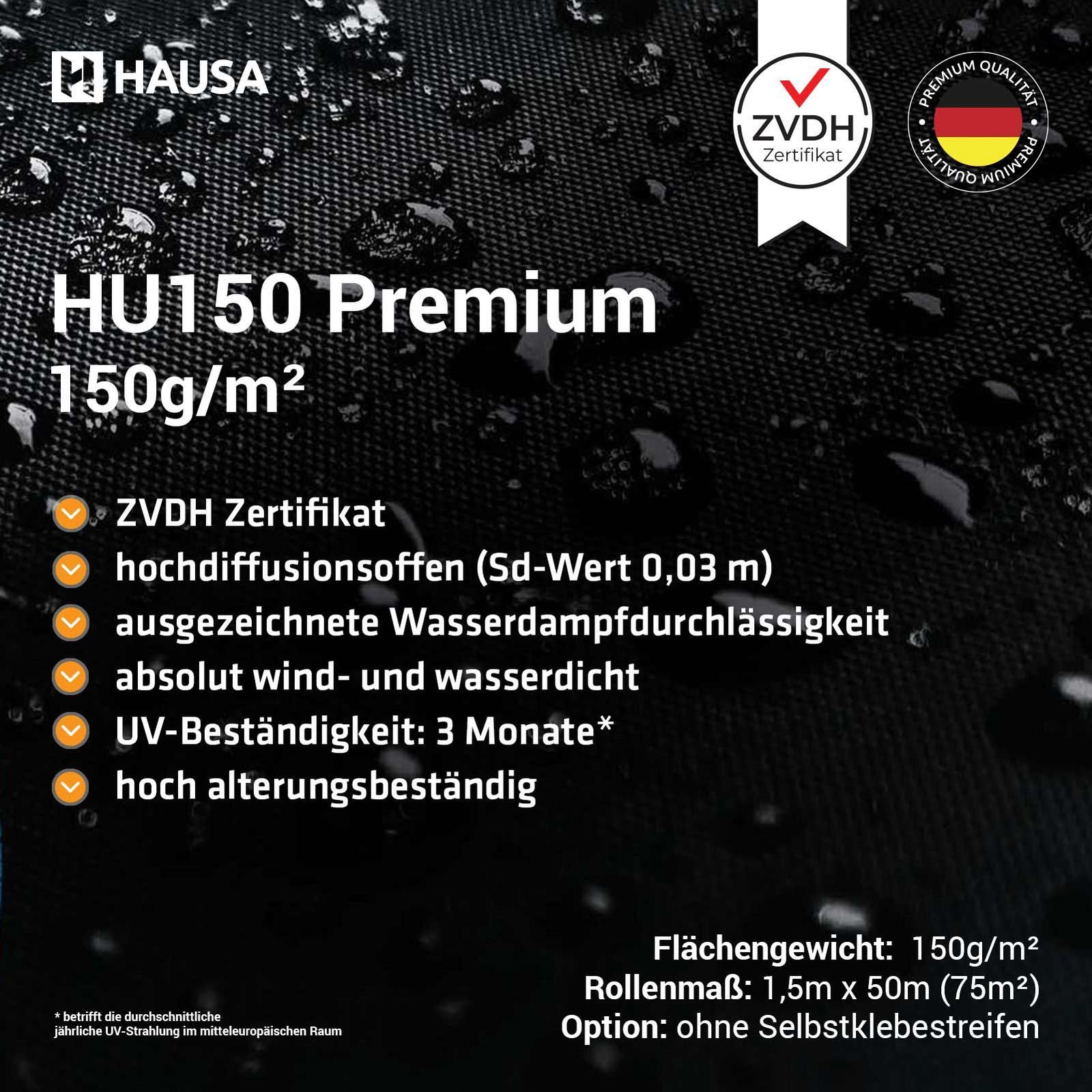 Hausa Dachbahn Unterspannbahn Premium HU150 gemäß ZVDH Klasse UDB-A / USB-A, Ohne Selbstklebestreifen, 75 m² pro Paket, (150g/m², 1-St., 1,5m x 50m), flexible dreilagige hochdiffusionsoffene Unterdeckbahn
