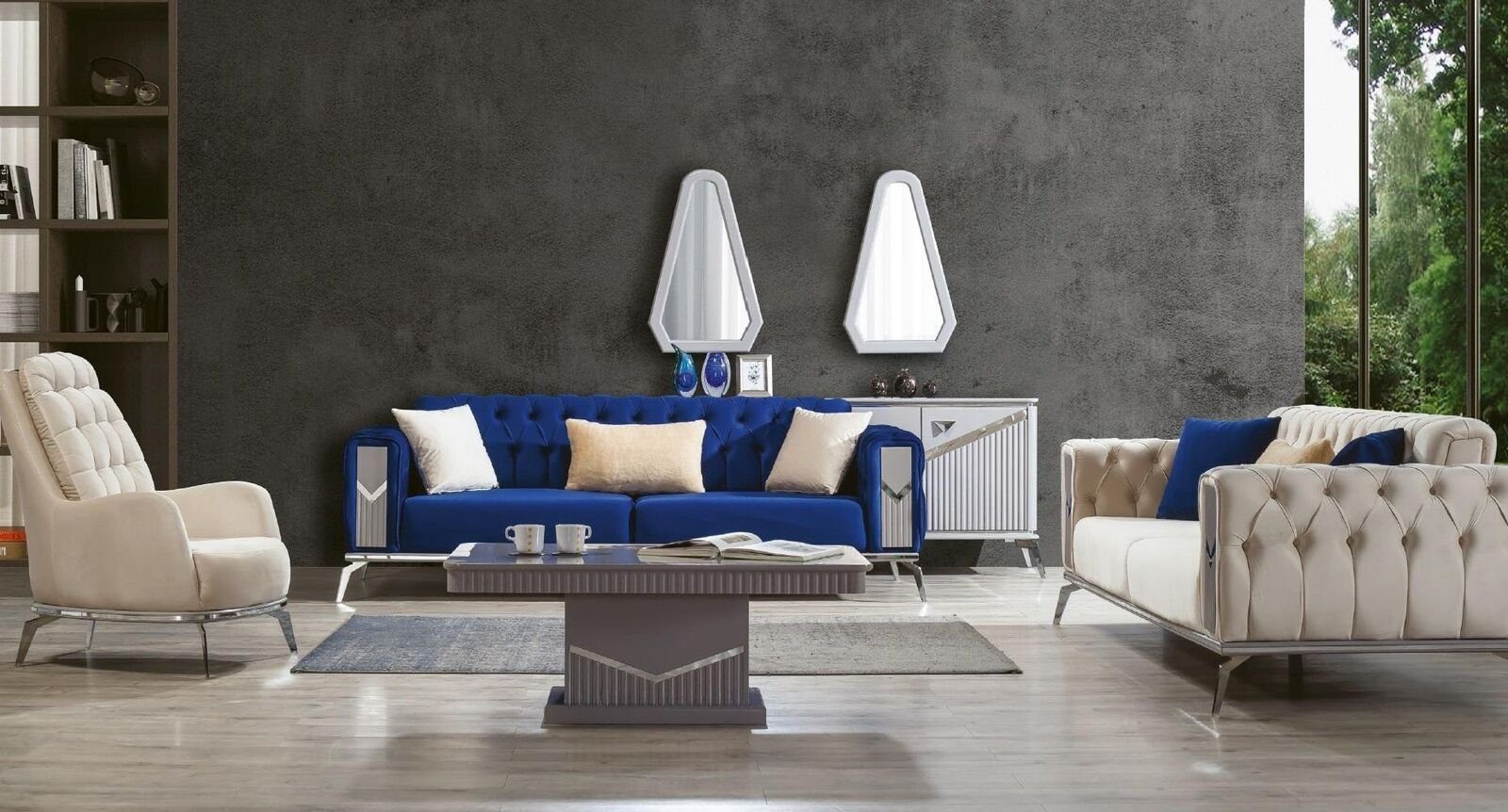 Europa Chesterfield JVmoebel Luxus Wohnzimmer, 1 3-Sitzer Möbel Teile, Stoffsofa in Made Couch Weiße 3-Sitzer