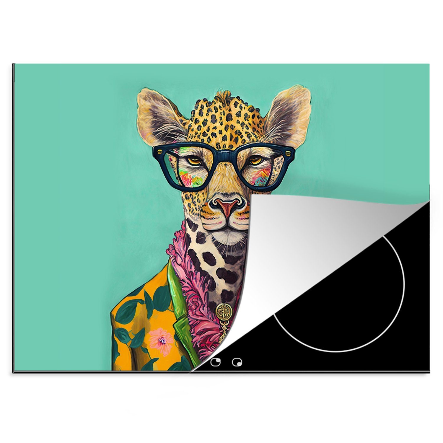 Giraffe nutzbar, - MuchoWow Blätter Mobile - Arbeitsfläche - tlg), cm, Brille Tiere (1 70x52 Ceranfeldabdeckung Design, Vinyl, - Herdblende-/Abdeckplatte