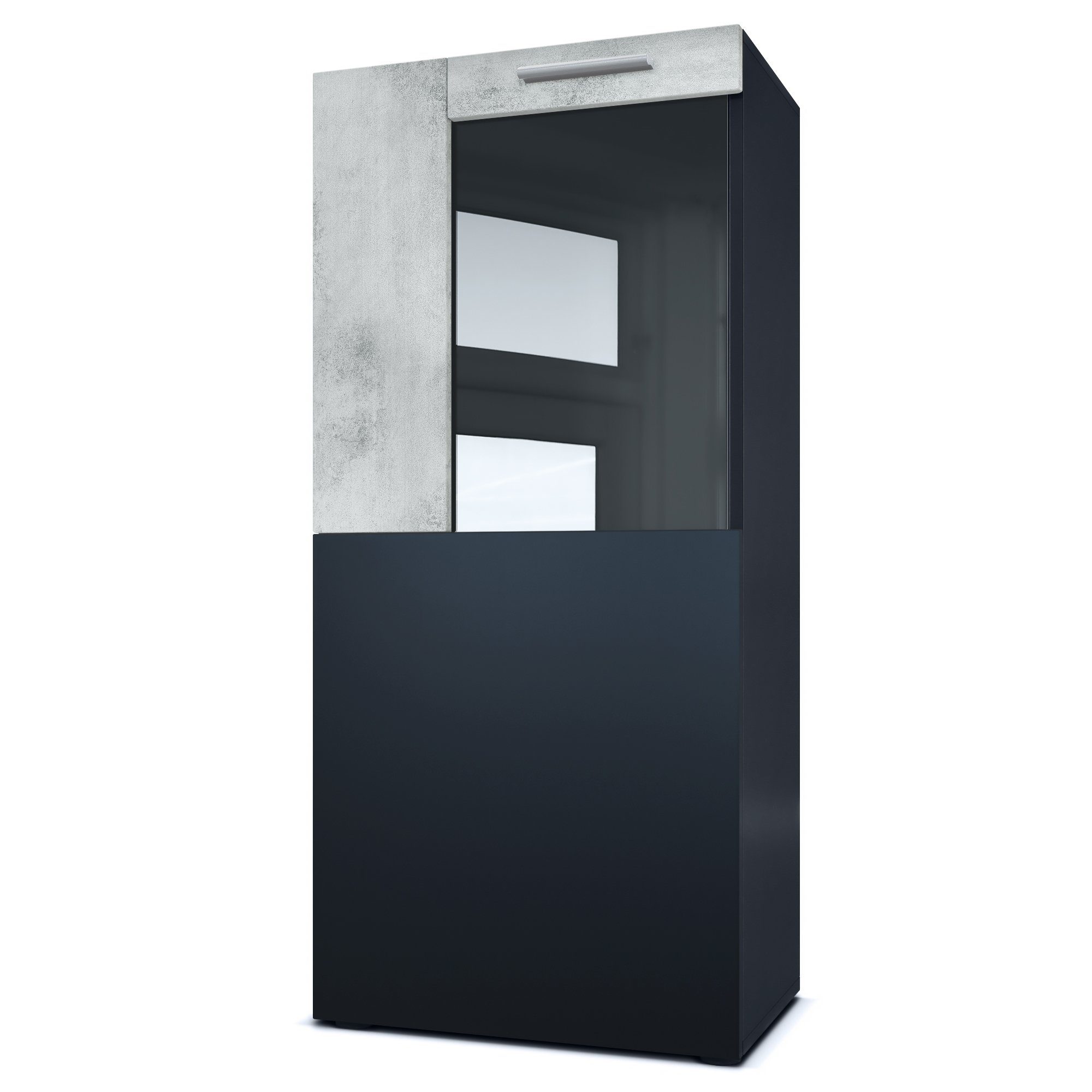 Vladon Standvitrine Movie (Standvitrine/Hängevitrine, mit 1 großen Tür, dahinter 2 geräumige Fächer) Schwarz matt/Beton Oxid Optik (51 x 110 x 31 cm) Absetzungen in Beton Oxid Optik