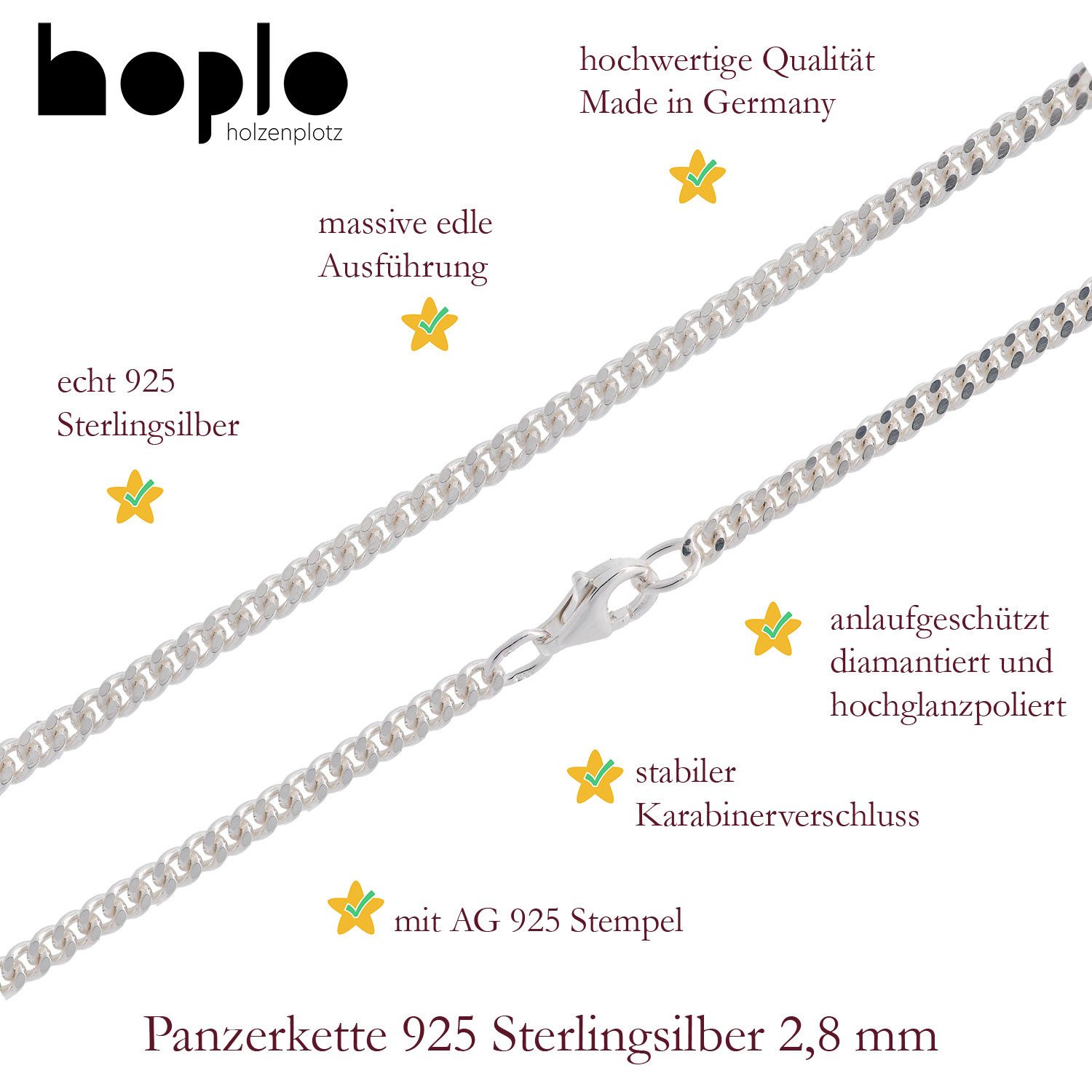 HOPLO Panzerkette Silberkette Panzerkette Länge 50cm - Breite 2,8mm - 925 Silber, Made in Germany – Bild 3 von 5