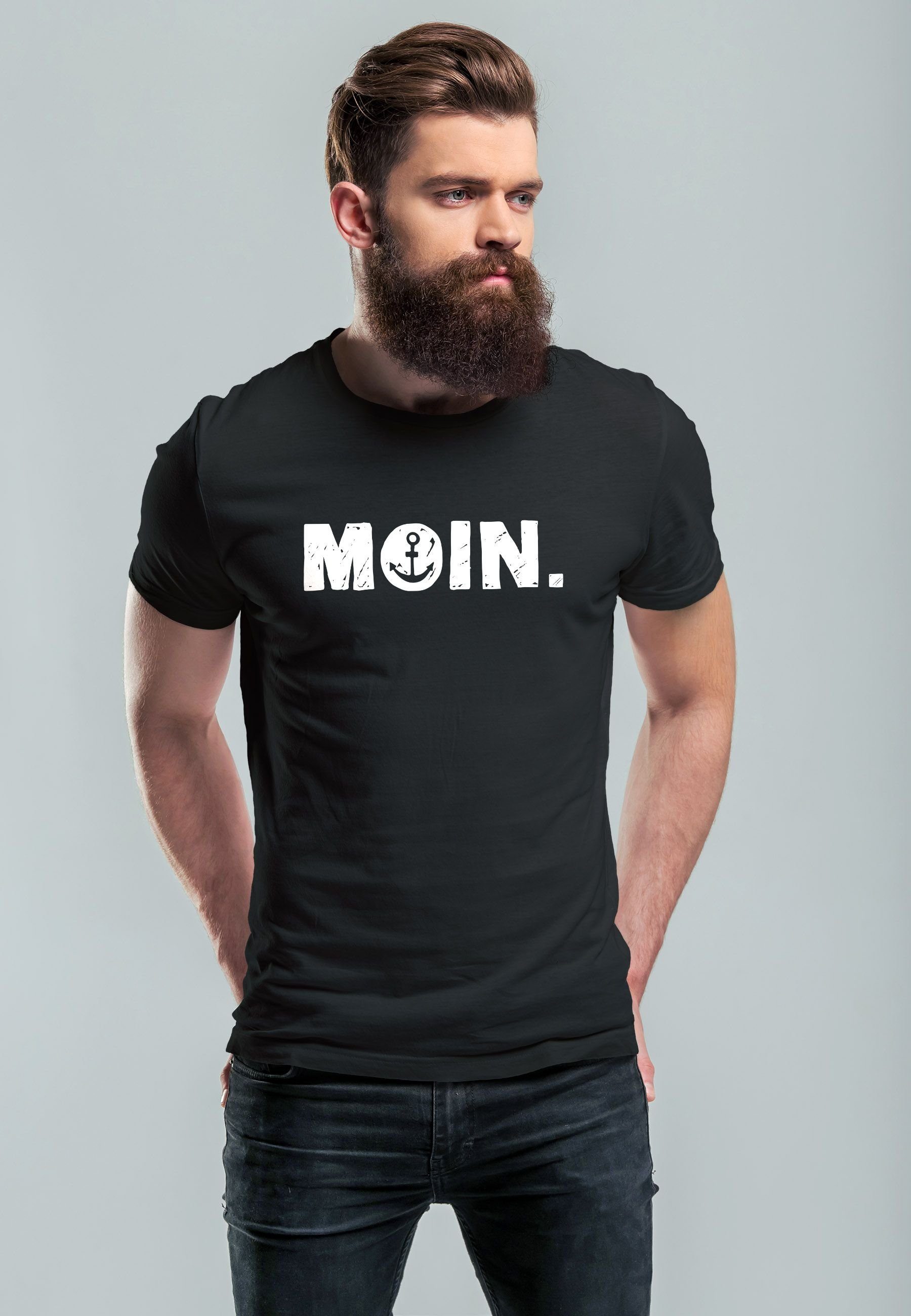 Moin Print Schriftzug Neverless T-Shirt Print-Shirt Herren schwarz Print Fash Anker Hamburg Dialekt Norden mit