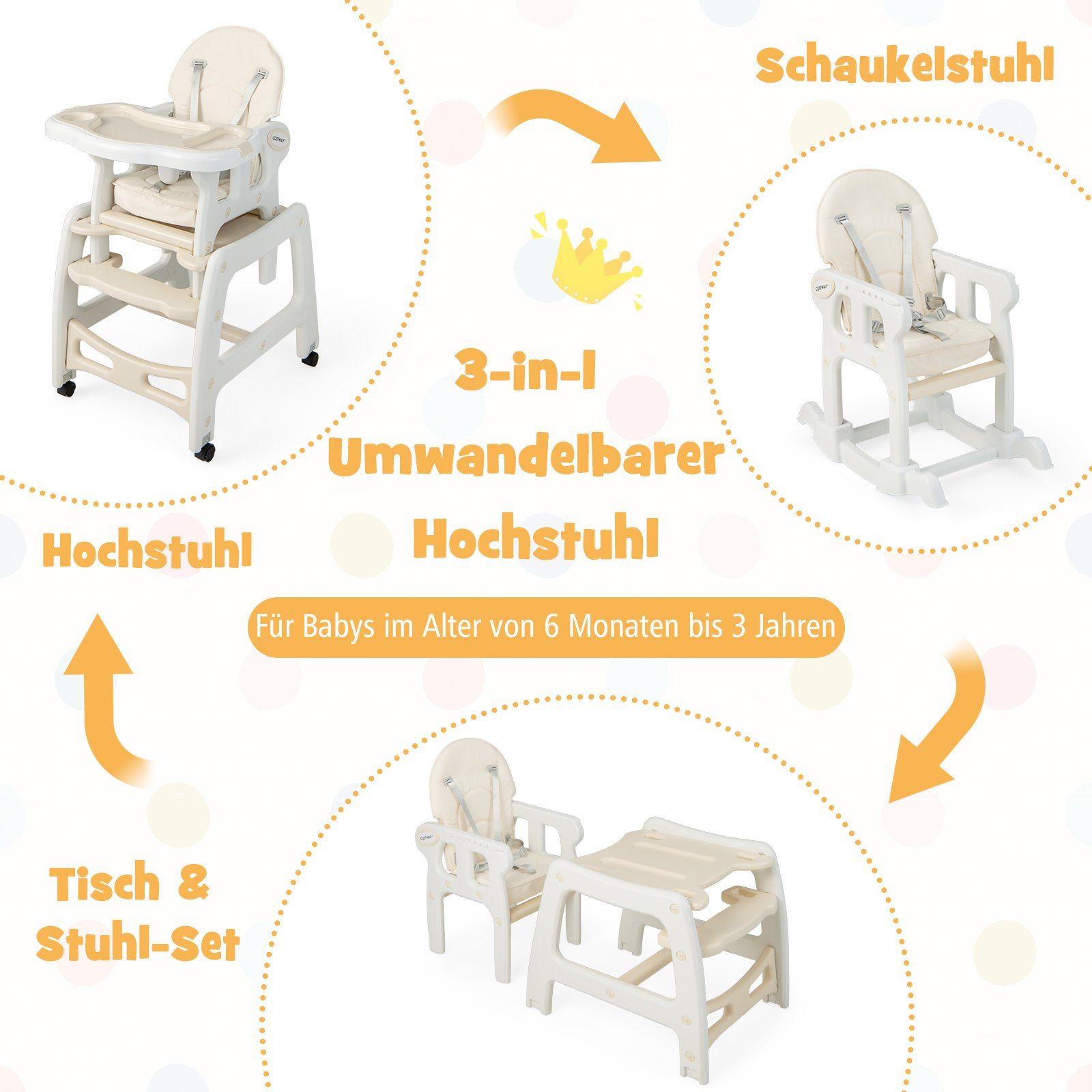 verstellbar&abnehmbar Kindersitzgruppe, & COSTWAY 1 in Essstuhl Hochstuhl 3 beige