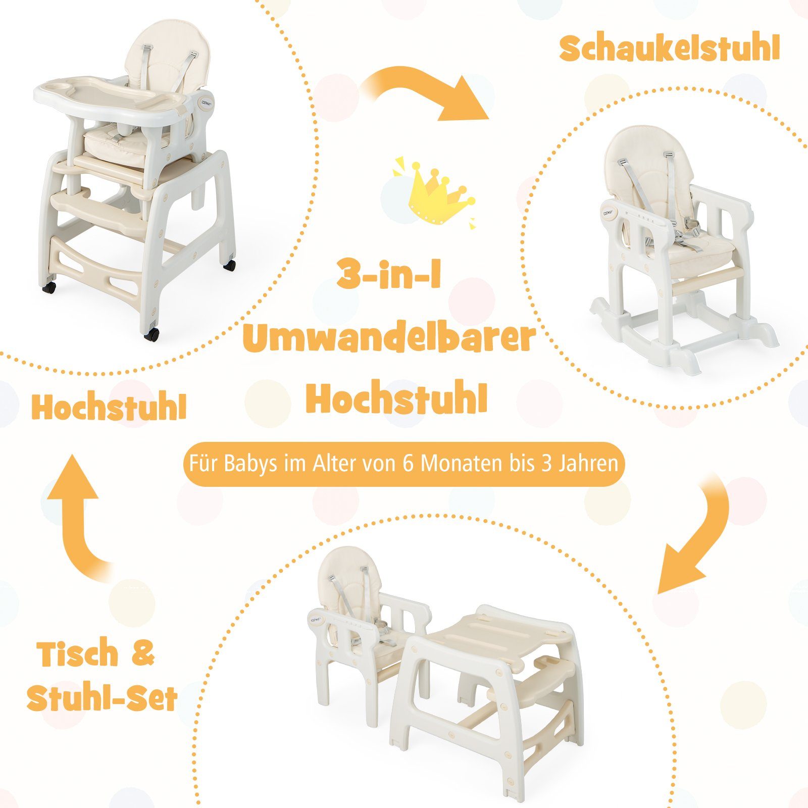 COSTWAY 3 Essstuhl Hochstuhl in 1 & beige Kindersitzgruppe, verstellbar&abnehmbar