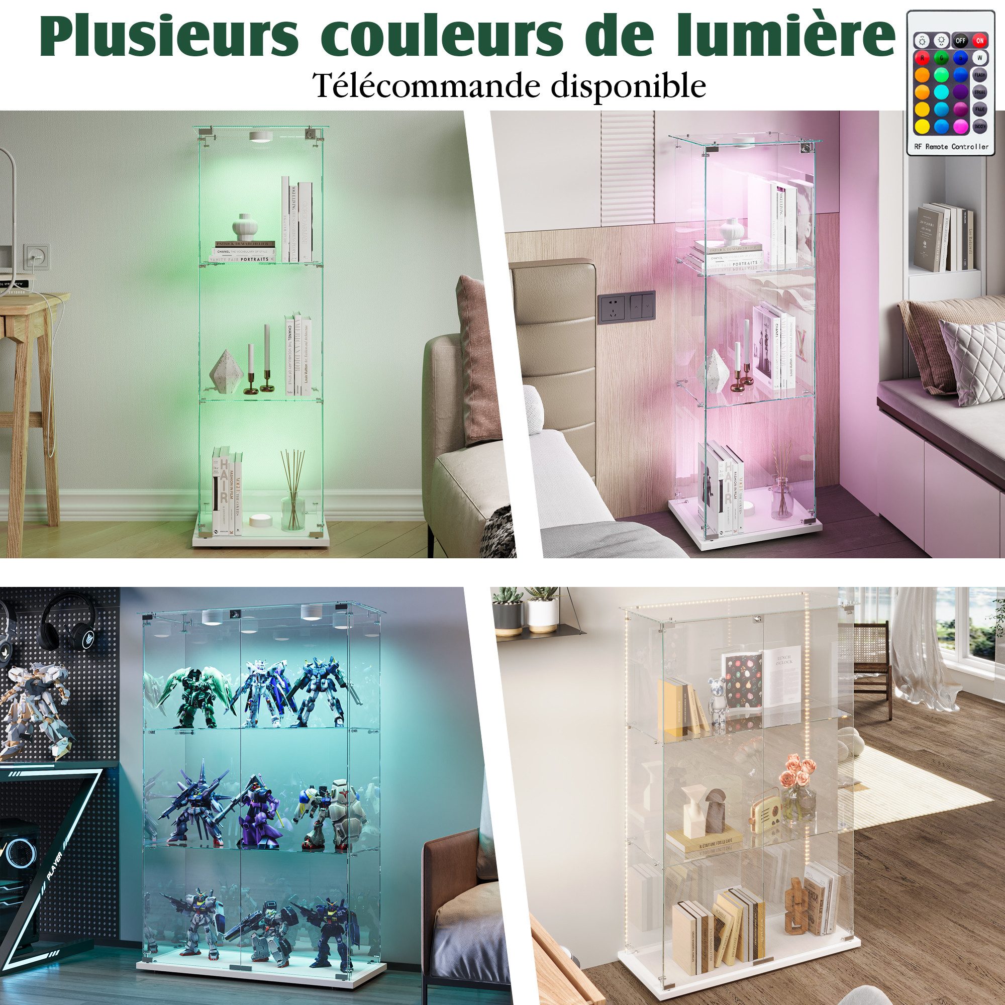 Simurq Glasvitrine Standvitrinen mit LED Beleuchtung Vitrinenschrank mit Glastür (glas vitrine mit 2 Glastür und 3 Lagen,Schloss,Kippsicherung) Sammlervitrine aus gehärtetes Glas,Modernes rahmenloses Design