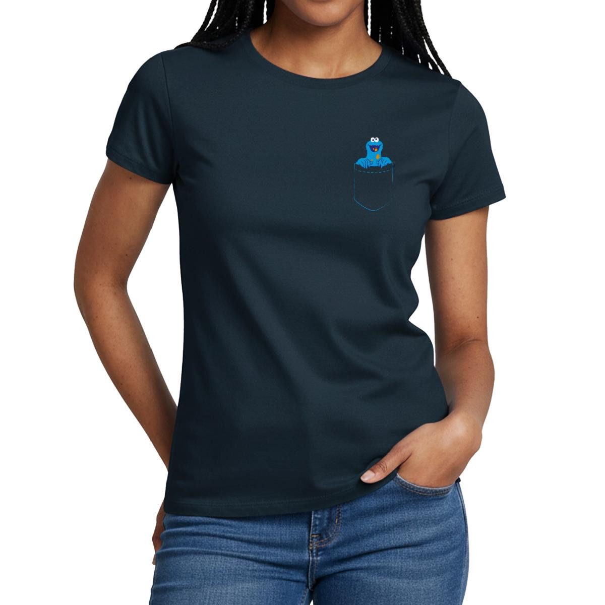 Spreadshirt T-Shirt Sesamstraße Krümelmonster In A Pocket Brusttasche Frauen T-Shirt (1-tlg)