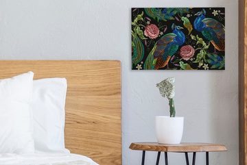 OneMillionCanvasses® Leinwandbild Stickereidruck - Pfau - Blumen - Rosen, (1 St), Wandbild Leinwandbilder, Aufhängefertig, Wanddeko, 30x20 cm