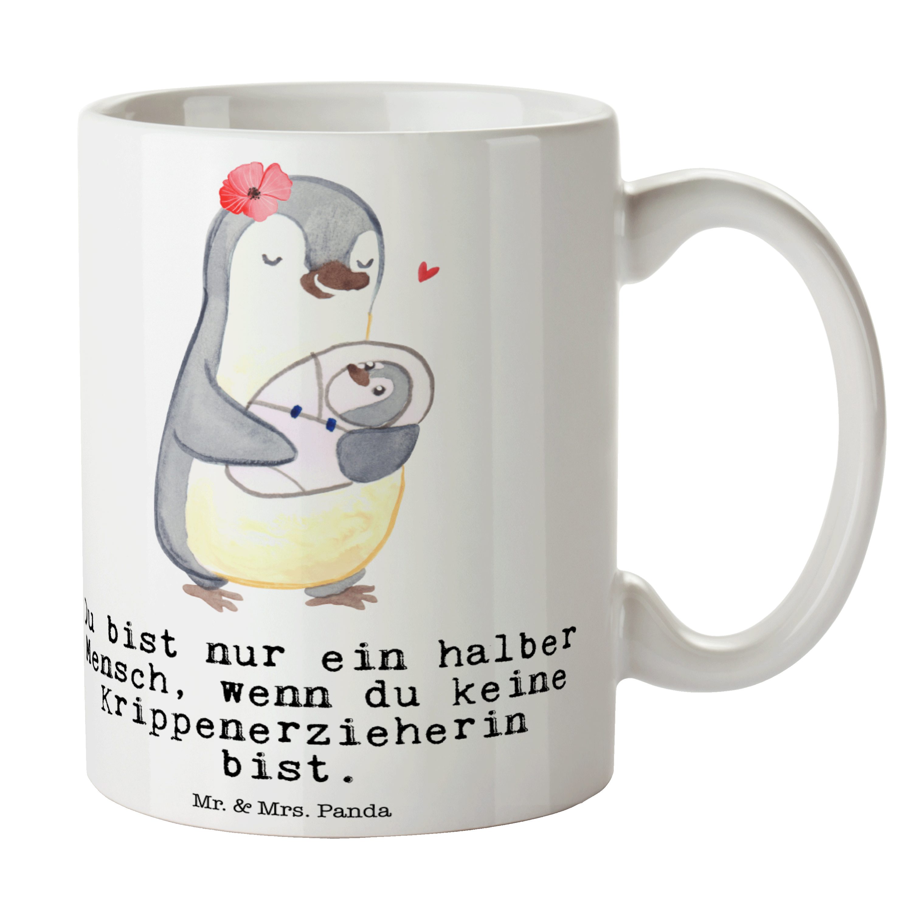 Mr. & Mrs. Panda Tasse Krippenerzieherin mit Herz - Weiß - Geschenk, Büro Tasse, Dankeschön, Keramik