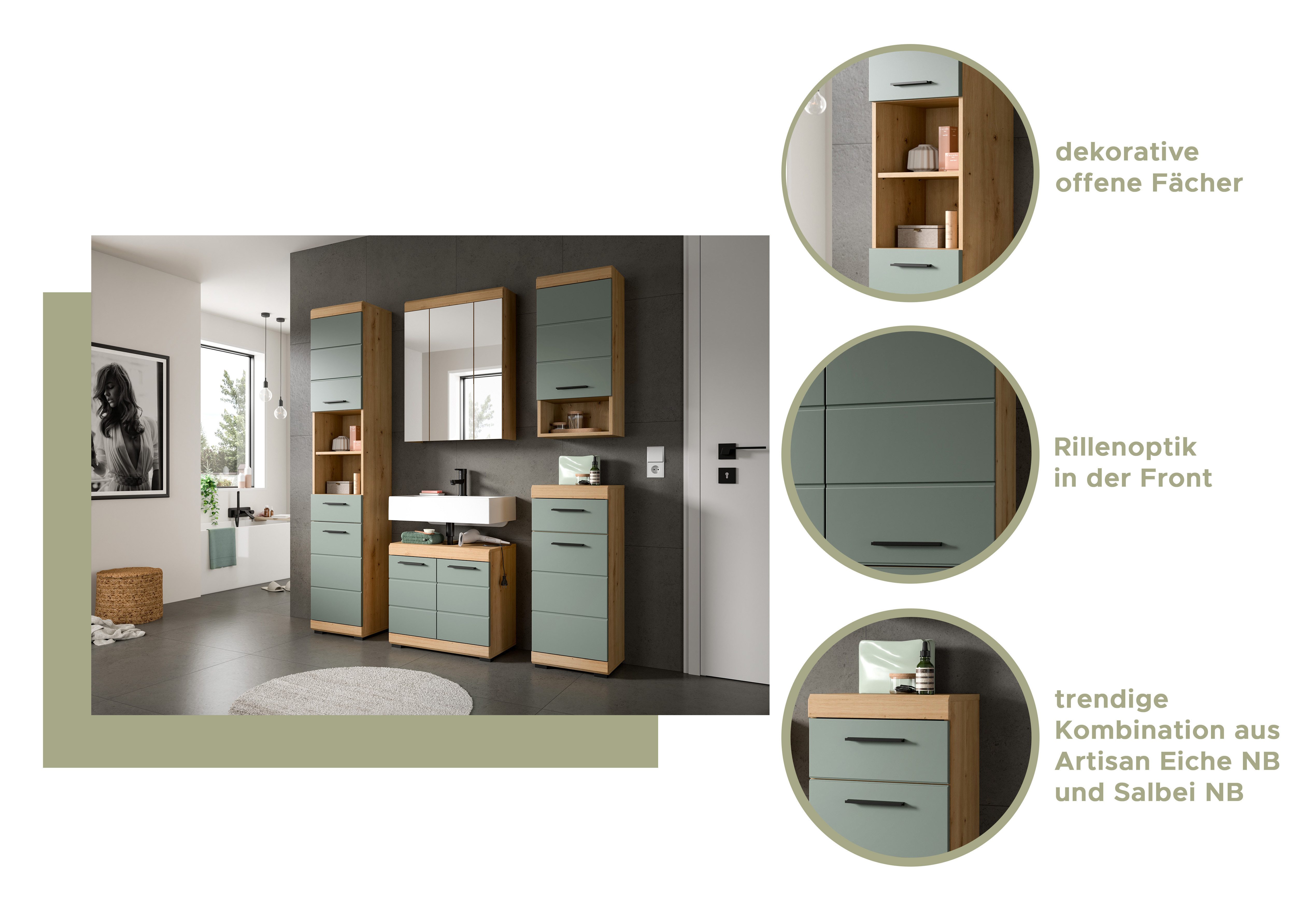 welltime Waschbeckenunterschrank SIENA, Breite 60cm, 2 Tür, 2 Fächer, mit Siphonausschnitt, MDF-Front (1-St., TOPSELLER) in verschiedenen Farben erhältlich, Badmöbel, Badschrank, Kommode, Bad