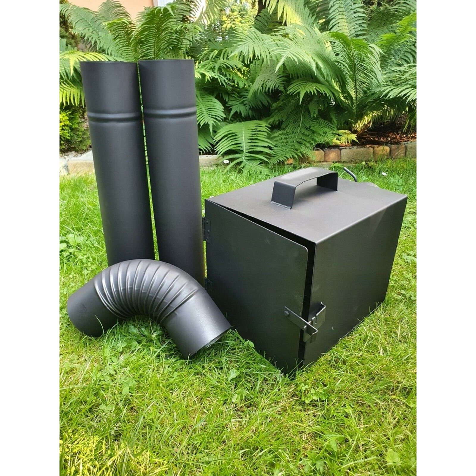 QLS Räucherofen Feuerstelle, Set, 1x Feuerstelle, 2x Rohr, 1x Rohrbogen, Räuchereiset Rohre Rohrbogen Grillen Räuchern Garten Set