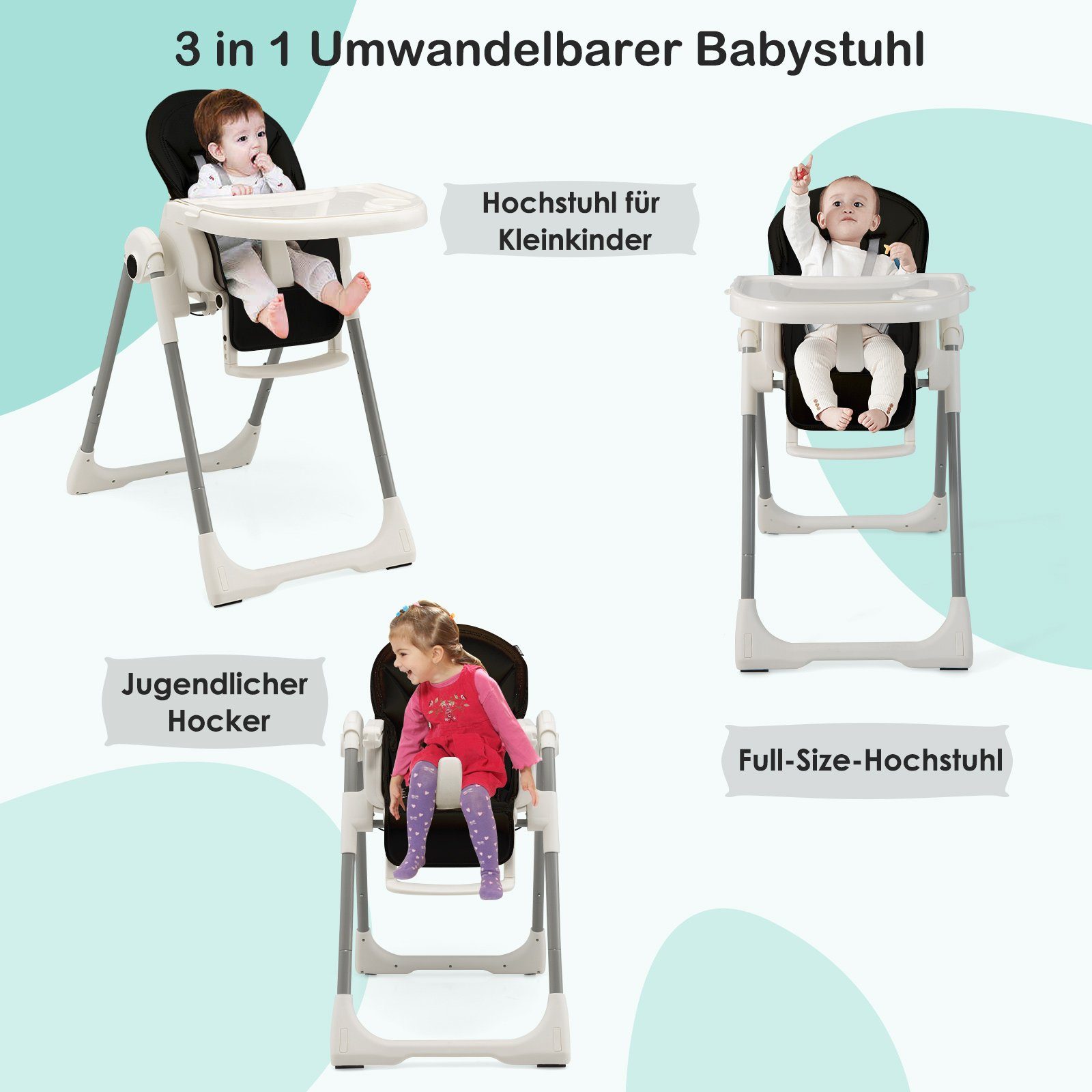 COSTWAY Hochstuhl Babystuhl, Höhen verstellbar 7 klappbar, 4-Fach schwarz und
