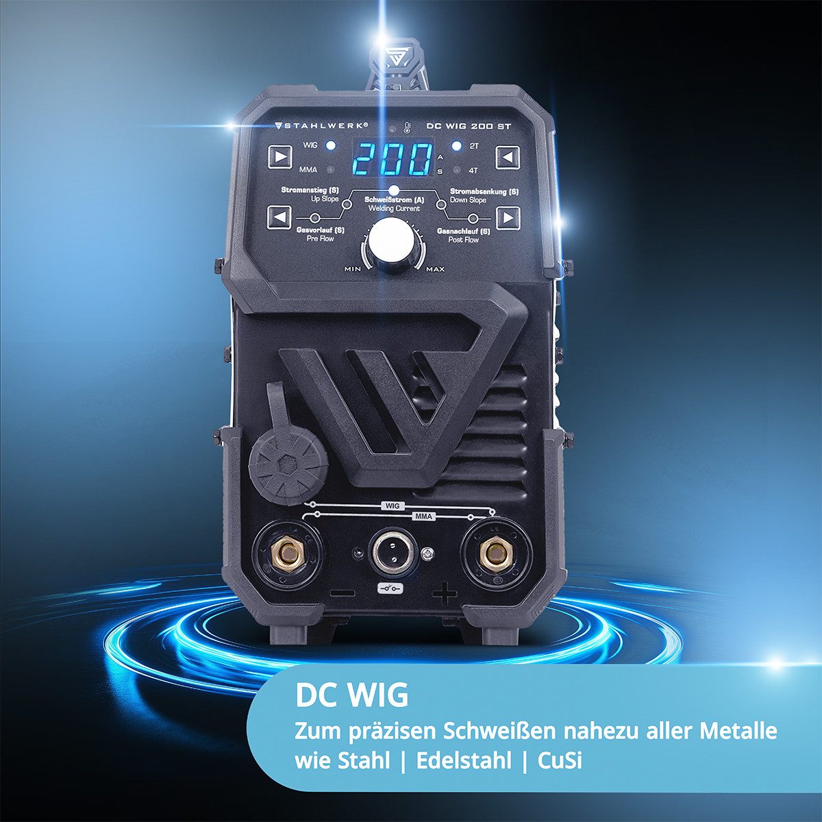 STAHLWERK Inverterschweißgerät DC WIG 200 ST IGBT mit MMA - Vollausstattung, 10 - 200 A, Packung}, 13-tlg., Vollausstattung, Set - Kombi WIG Schweißgerät mit 200 A und MMA