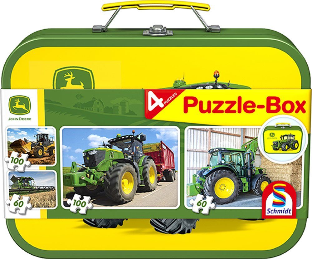 Schmidt Spiele Puzzle Puzzlekoffer Puzzlebox John Deere 4 Puzzle verschiedene Teileanzahl, 4 Puzzleteile