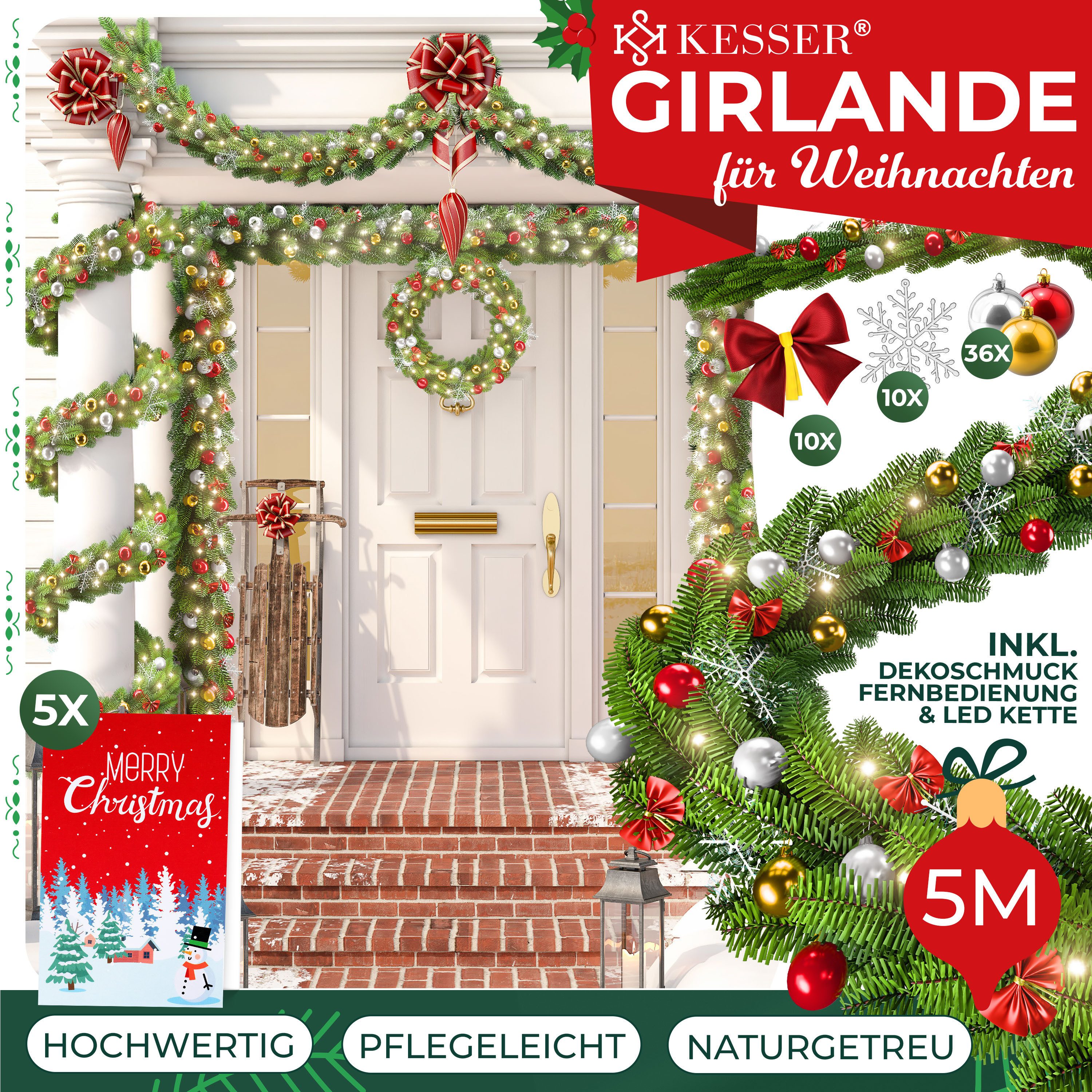 Kunstgirlande Weihnachtsgirlande LED Girlande 5m inkl. Deko-Schmuck & Fernbedienung, KESSER, Weihnachtsdeko, Tannengirlande mit LED-Beleuchtung, In & Outdoor