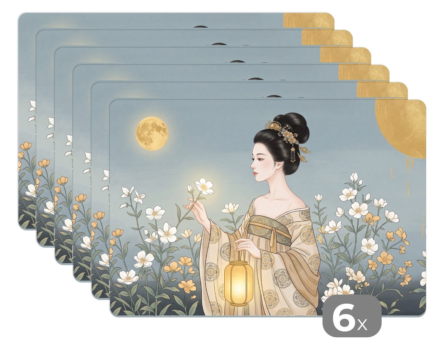 MuchoWow Platzset Asiatisch - Frau - Kimono, (6-St), Platzsets, Tischset, Abwaschbar, Tischsets, Platzdeckchen