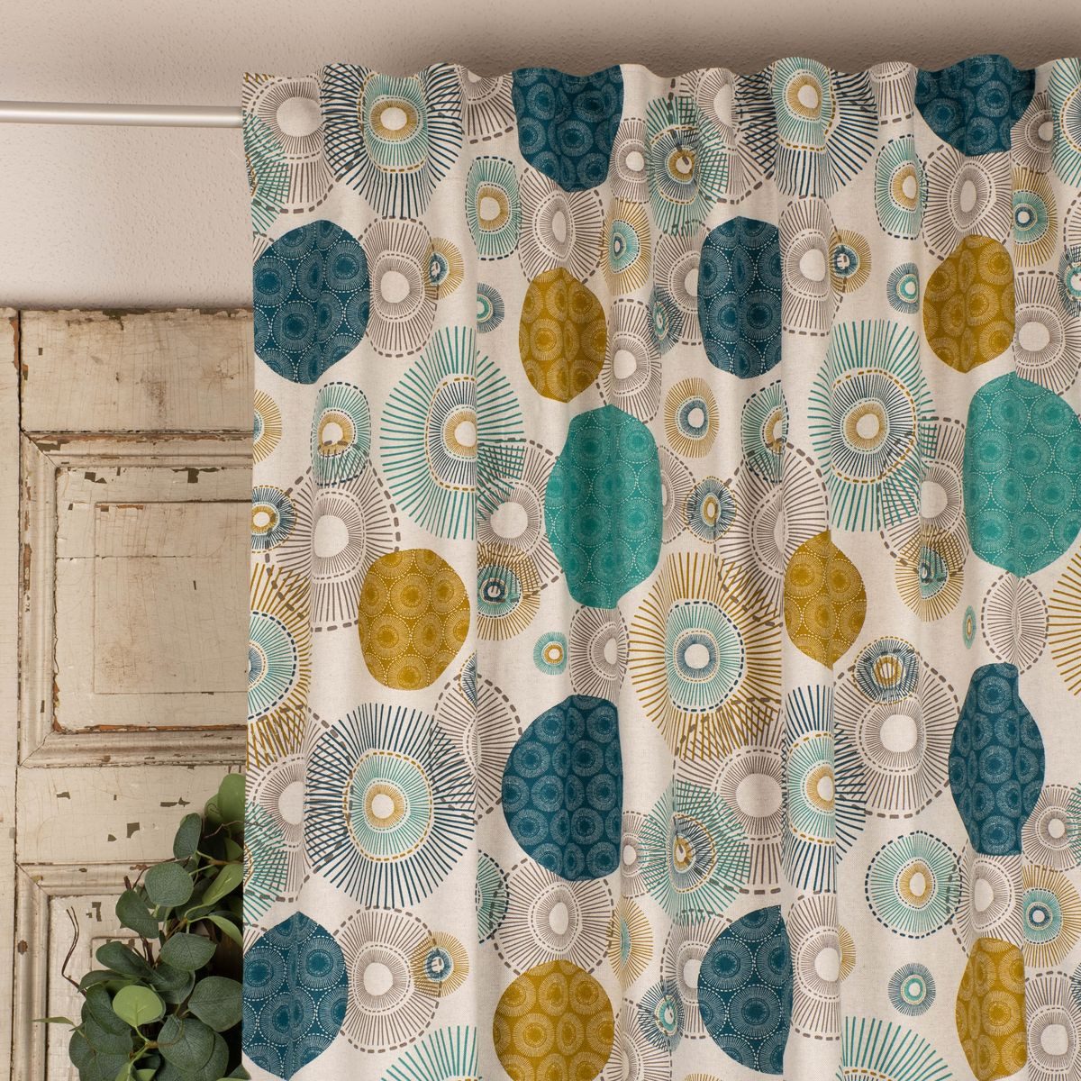 SCHÖNER LEBEN. Vorhang SCHÖNER LEBEN. Vorhang Halb-Alvares Kreise Ornamente natur blau grün, Smokband, blickdicht, Baumwolle, handmade