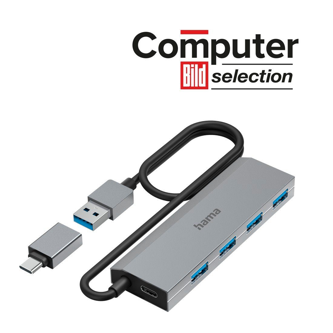 USB Hub mit Netzteil und Adapter grau, 4 Ports mit USB C und USB Typ A USB-Adapter