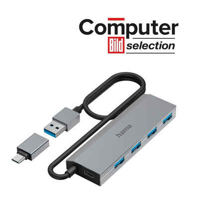 Hama USB Hub mit Netzteil und Adapter grau, 4 Ports mit USB C und USB Typ A USB-Adapter USB Typ A, USB Typ C zu USB Typ A, 100 cm