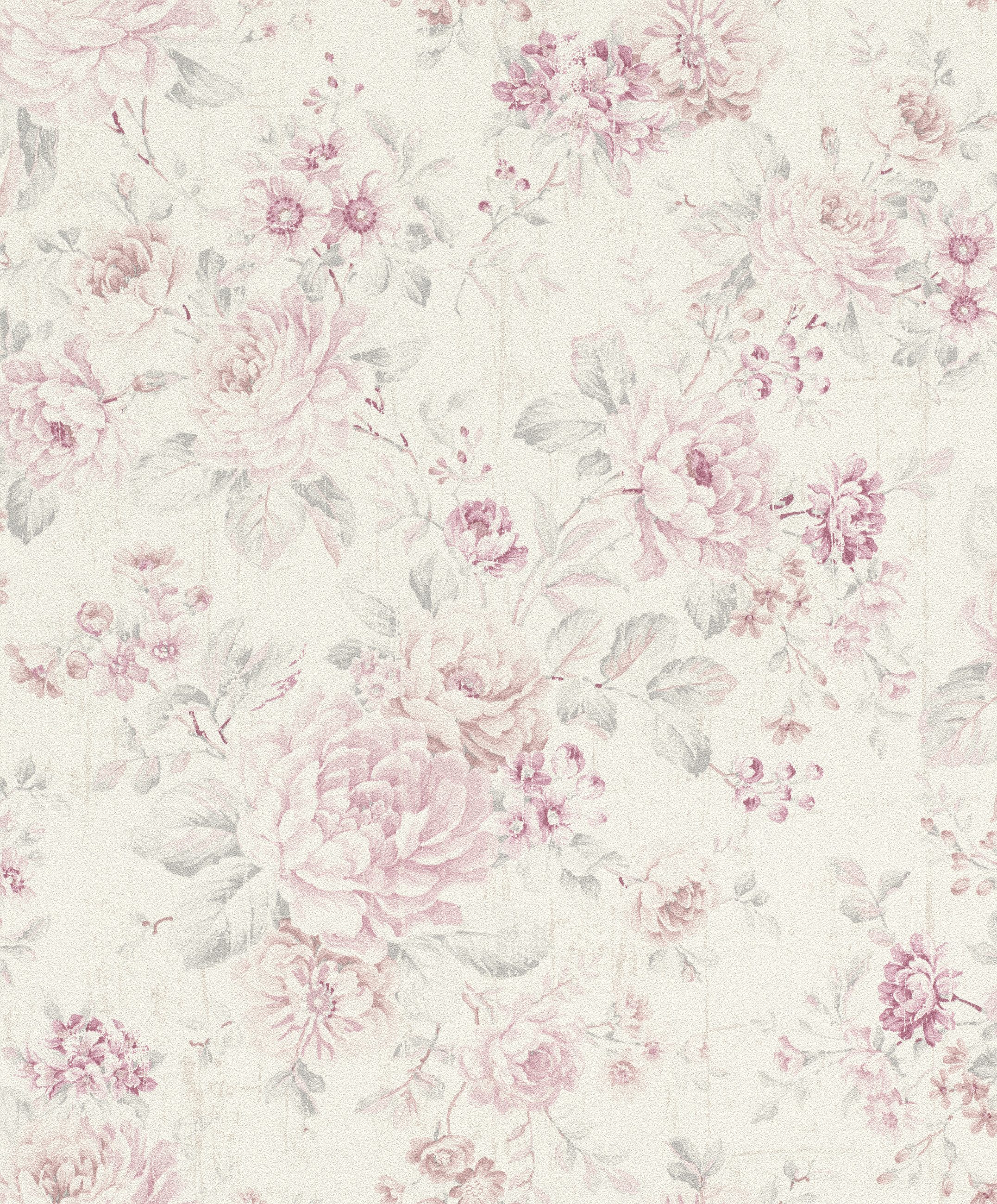 Rasch Vliestapete Blumen & Blüten - Vinyltapete Creme Silber Rosa, floral, (1 Rolle, 1 St., 10,05 m x 0,53 m), Lichtbeständige Farben - Feucht abwischbar - Restlost abziehbar