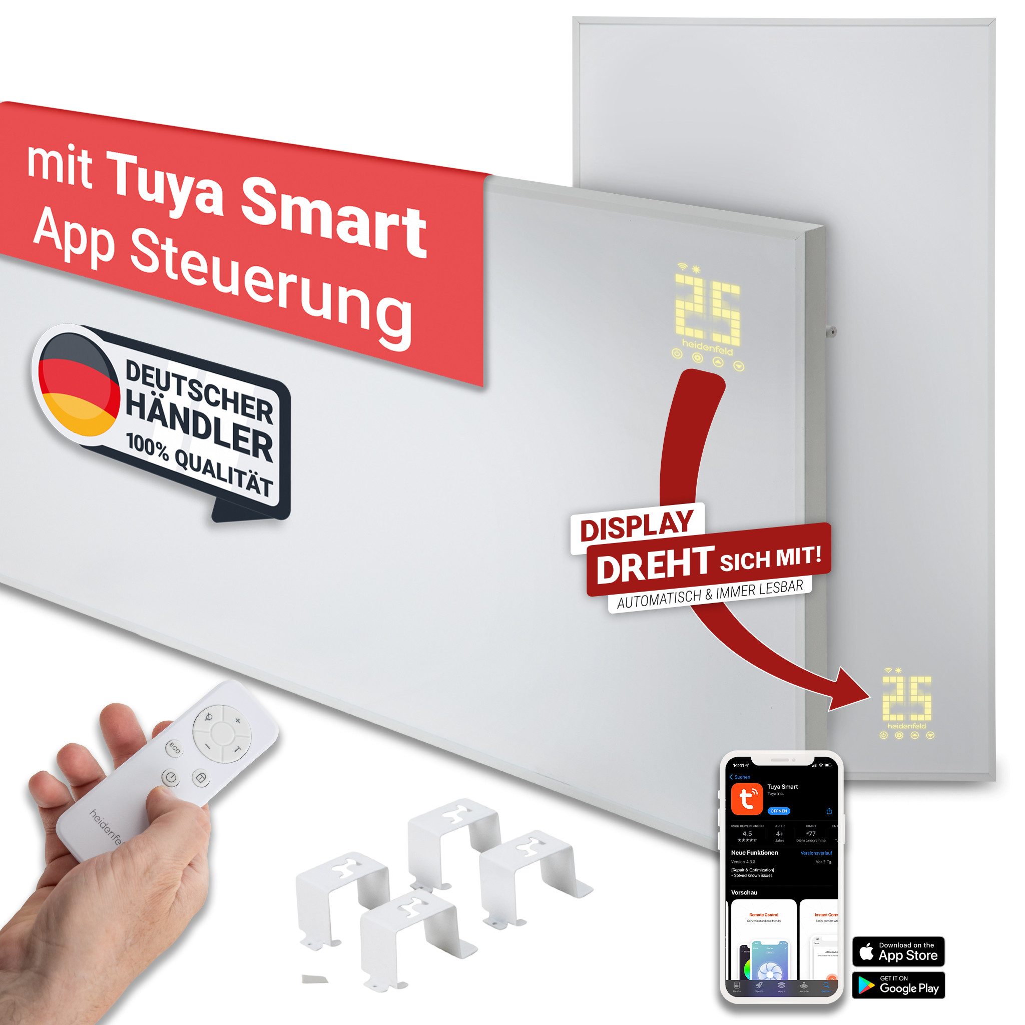 Heidenfeld Infrarotheizung HF-HP140, Elektro Heizung mit App steuerbar, Heizung mit Kindersicherung, Heizpanel mit ECO- & Nachtmodus