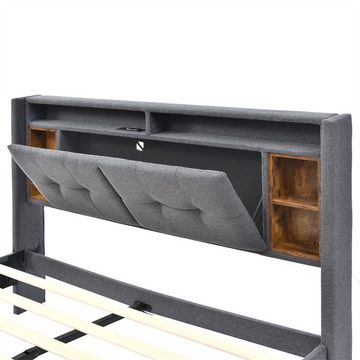 autolock Polsterbett Polsterbett Doppelbett Stauraum-Kopfteil Bett mit aufladen, USB und LED-Beleuchtung Bettgestell Lattenrost aus Holz