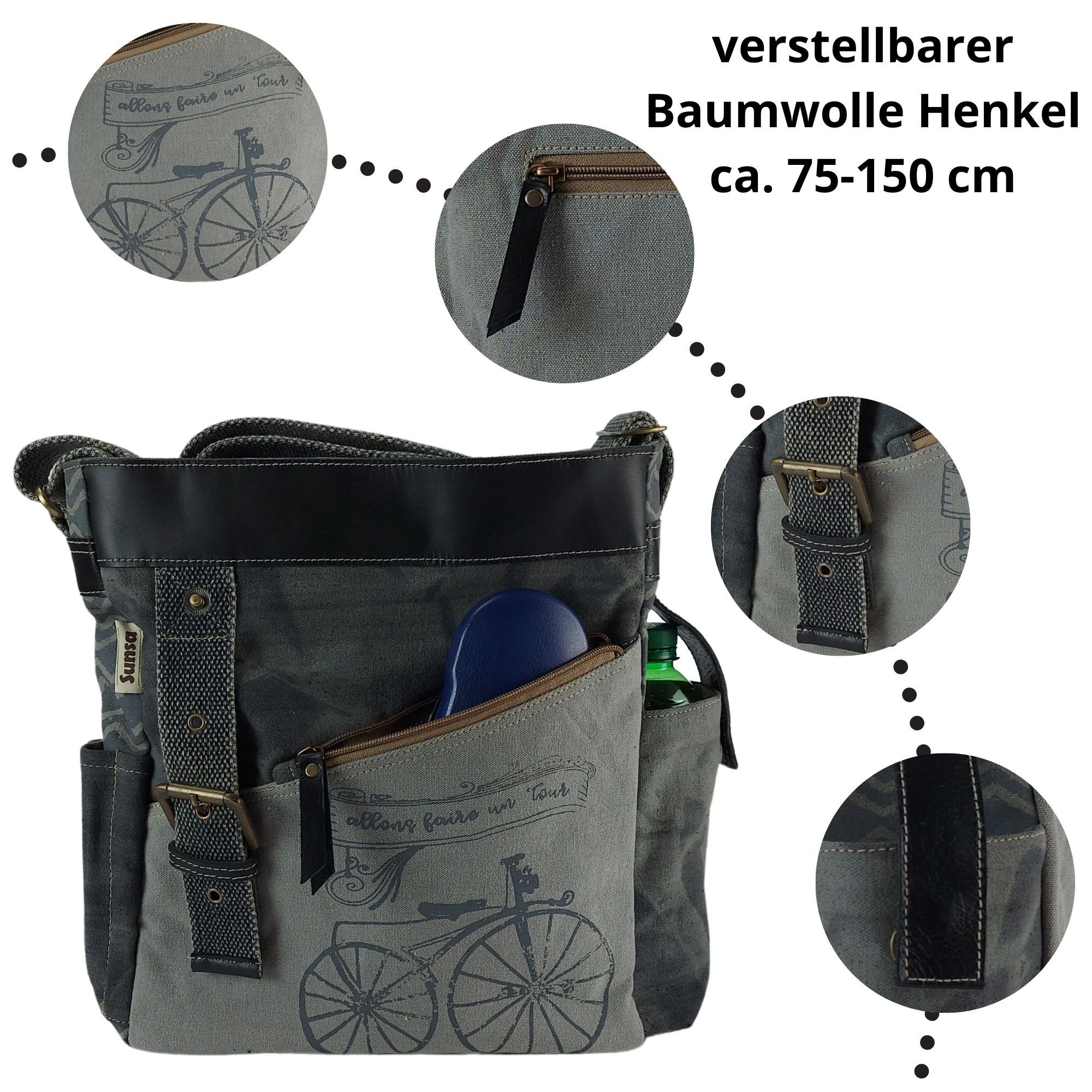 Sunsa Umhängetasche schwarz große Tasche aus Canvas Leder Schultertasche, Damentasche, Echt Leder, mit verstellbaren Schulterriemen
