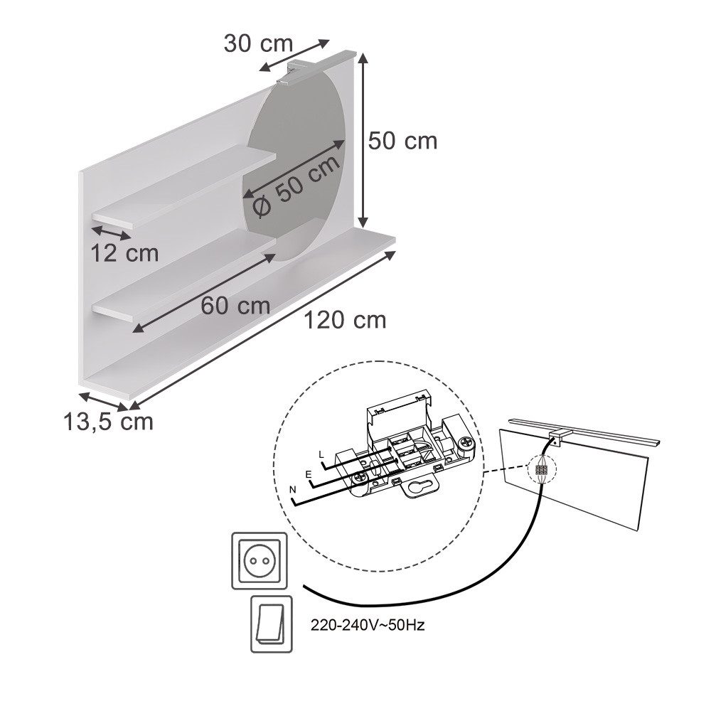Vicco Badezimmerspiegelschrank Avena, Weiß, 120 x 50 cm mit 3 offenen Fächern (1-St)