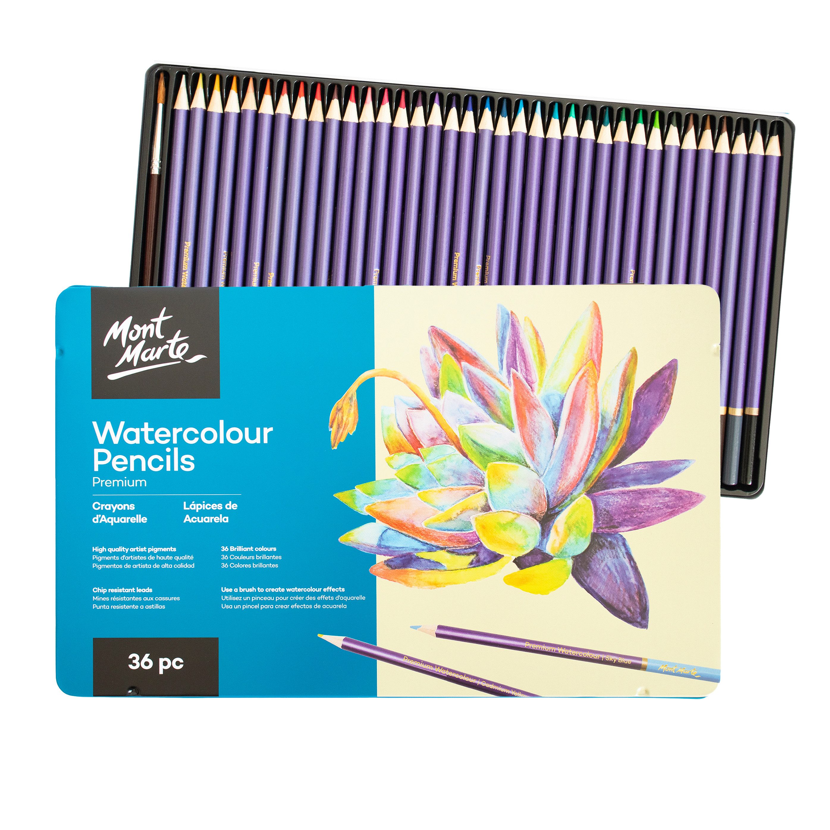 Mont Marte Buntstift - PREMIUM Aquarellstifte Set - mit 36 Aquarellstiften & 1 Rundpinsel, wasservermalbare / wasserlösliche Buntstifte, Hochwertige Pigmente