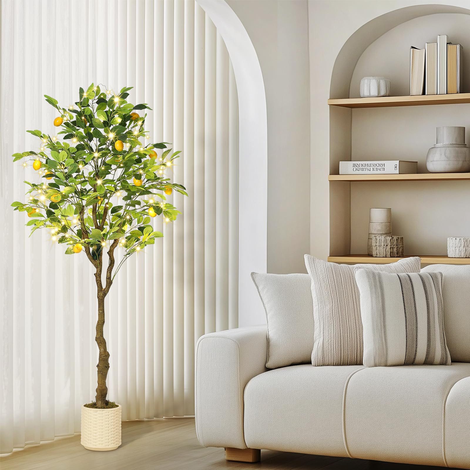Kunstbaum Künstliche Zimmerpflanze Künstlicher Zitronenbaum mit LED-Beleuchtung, GarveeMore, Höhe 150 cm, 150 cm mit Früchten, Blättern, Stamm für Wohnzimmer, Büro oder Balkon