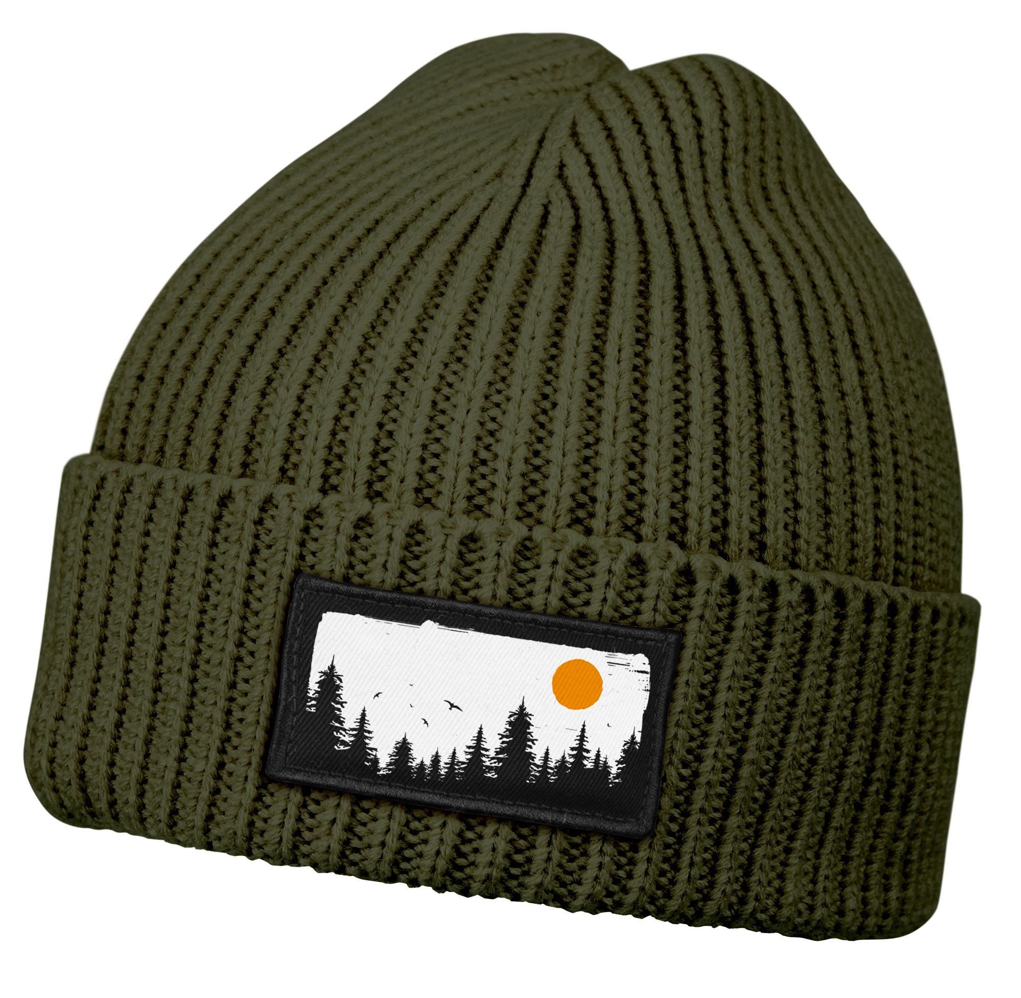 Neverless Strickmütze Herren Beanie Wintermütze mit Patch Aufdruck Wald Bäume Natur Print