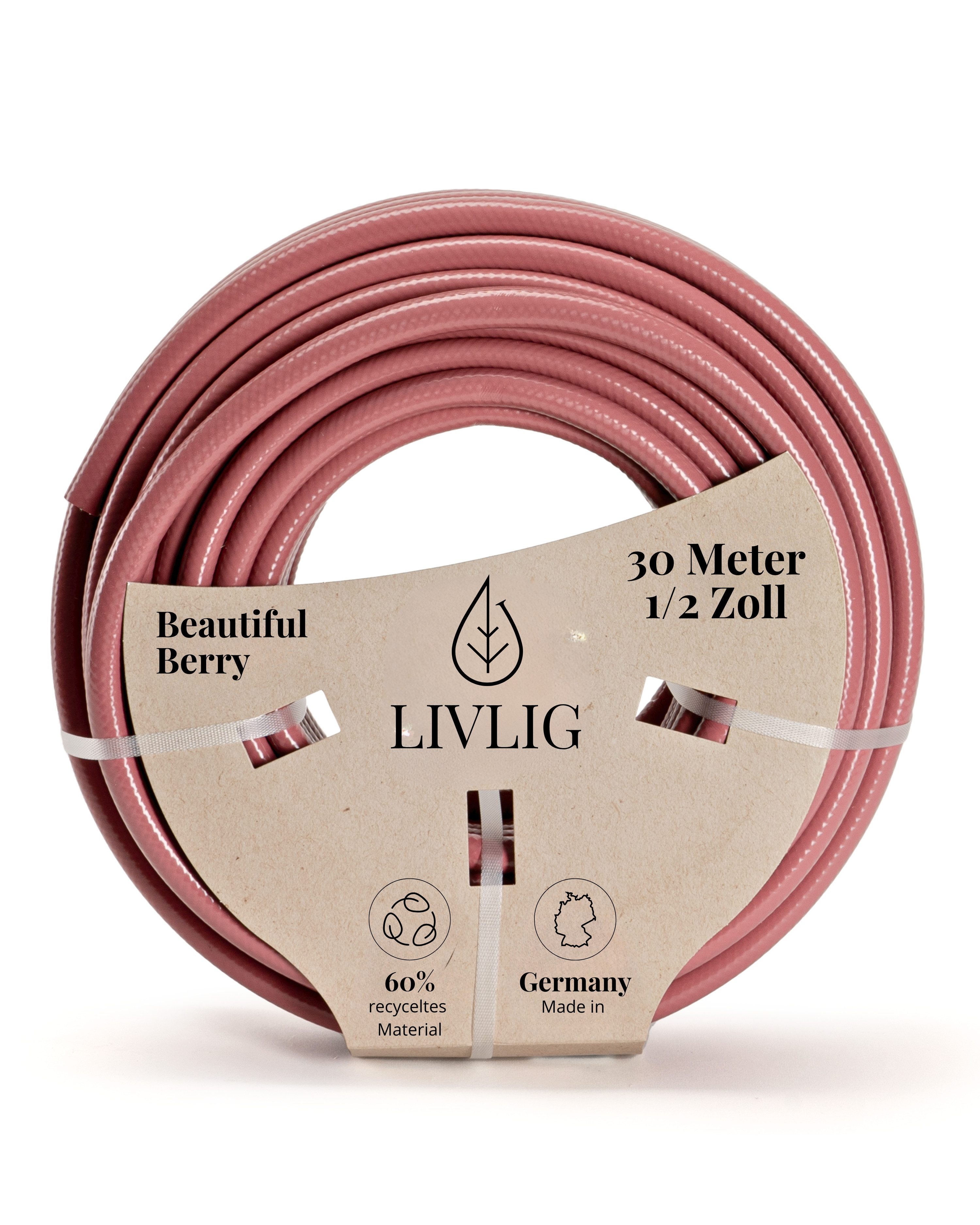 LIVLIG Gartenschlauch 1/2 Zoll, Schöner Gartenschlauch, Wasserschlauch, Weinrot, aus 60% recyceltem PVC, in den Größen 10, 20 & 30 m